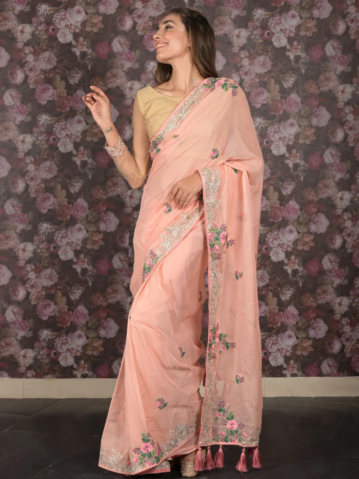 Odette Peach Pearls Embroidered Polyester Silk Saree with Unstitched Blouse for Women - Image 2