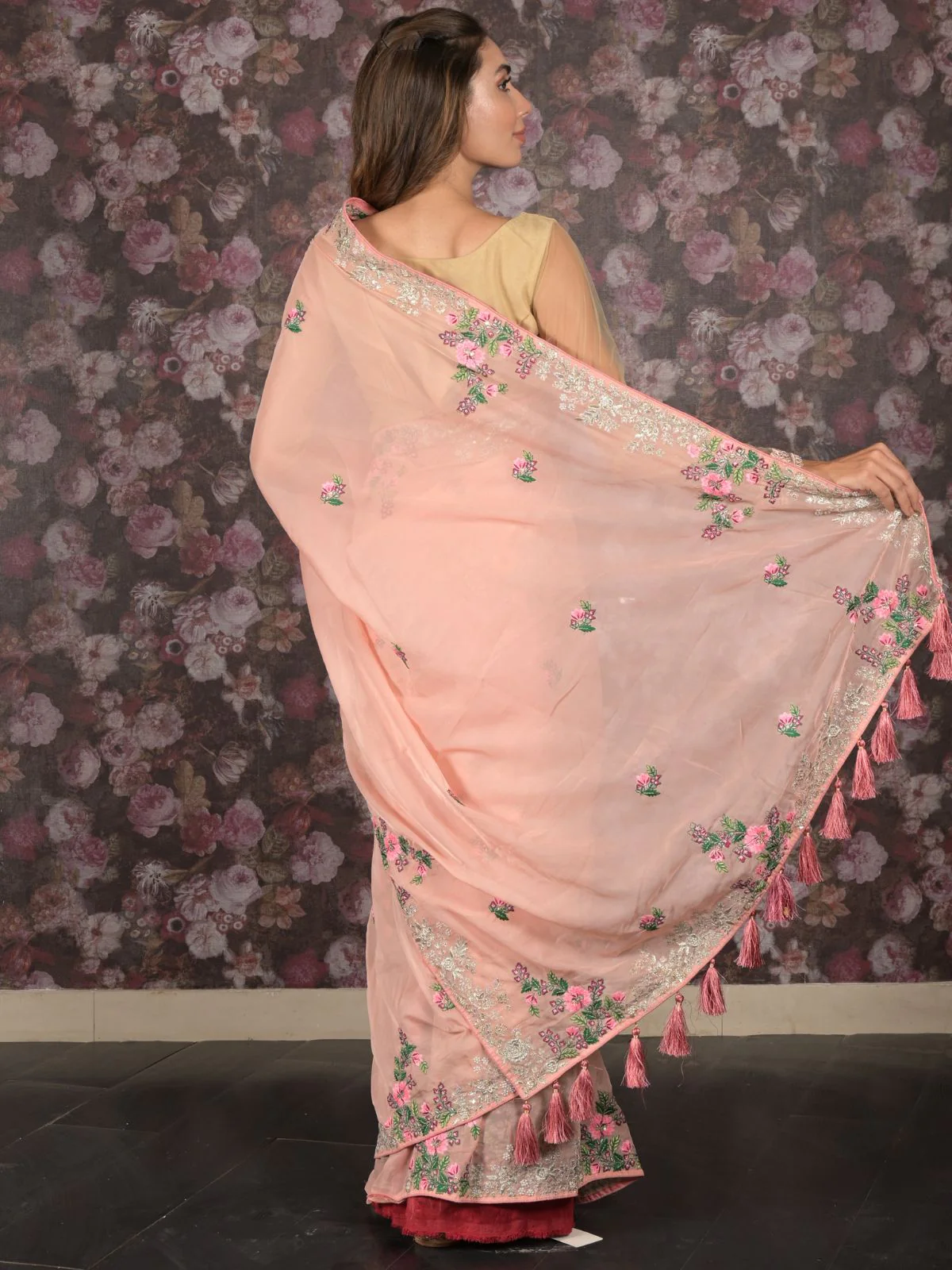Odette Peach Pearls Embroidered Polyester Silk Saree with Unstitched Blouse for Women - Image 4