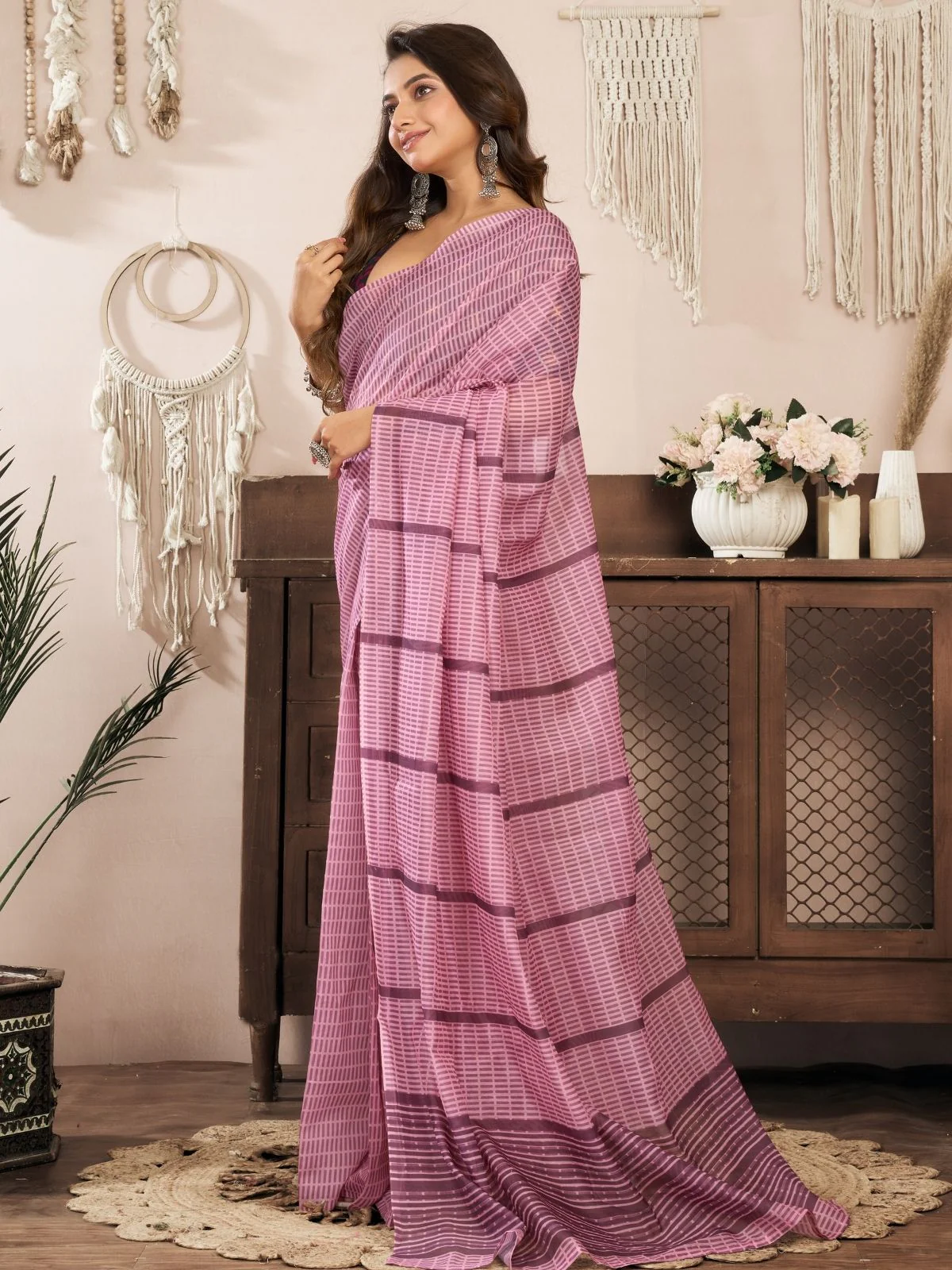 Odette Peach Pink Cotton Linen Zari Work Saree For Women - Image 3