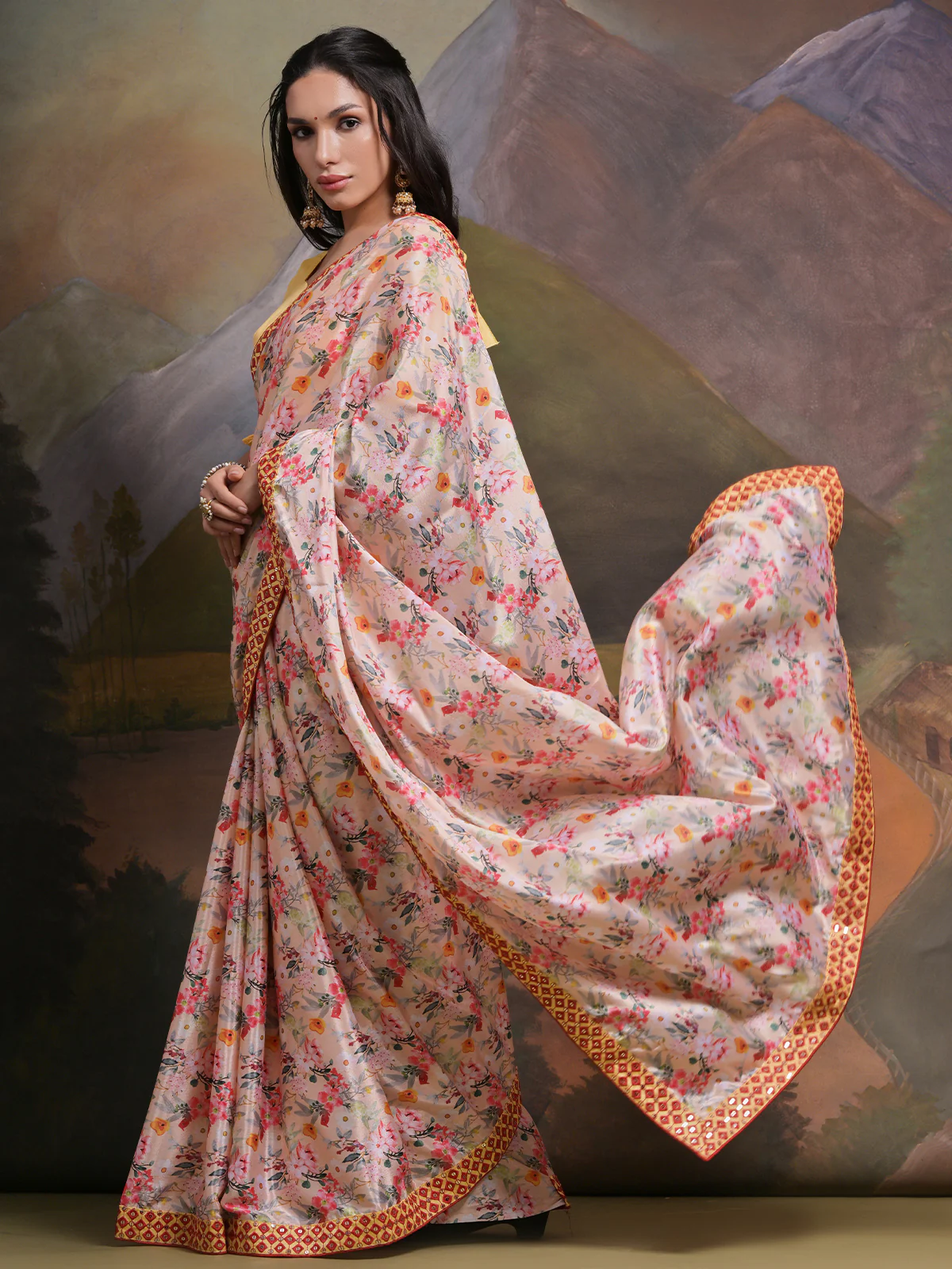 Odette Pink Printed Chiffon Saree With Unstitched Blouse For Women - Image 3