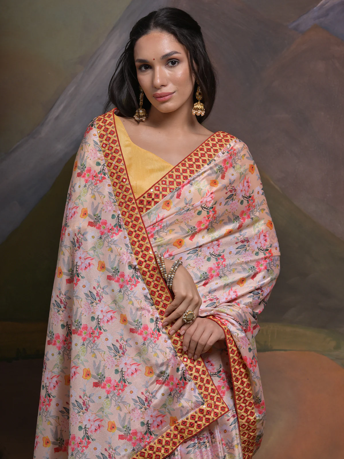 Odette Pink Printed Chiffon Saree With Unstitched Blouse For Women - Image 5