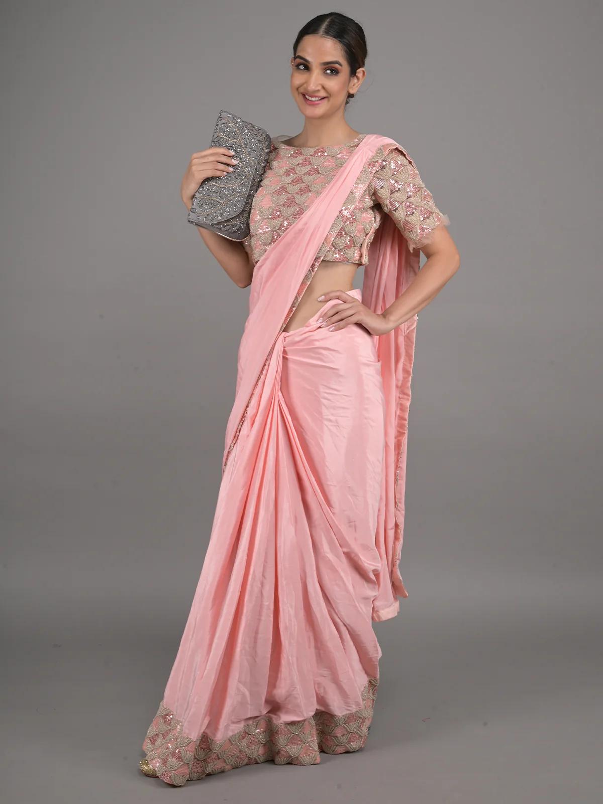 Odette Peach Ready to Wear Embroidered Chinnon Saree with Stitched Blouse for Women - Image 2