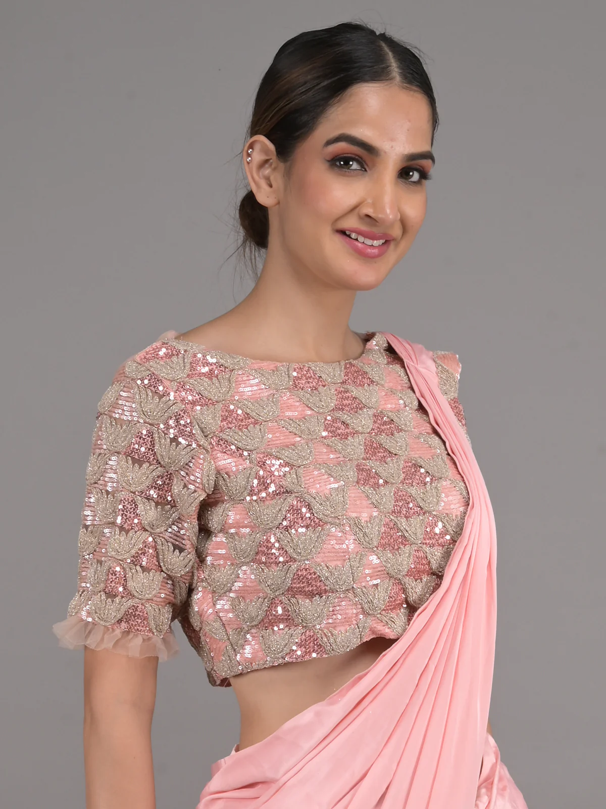 Odette Peach Ready to Wear Embroidered Chinnon Saree with Stitched Blouse for Women - Image 4