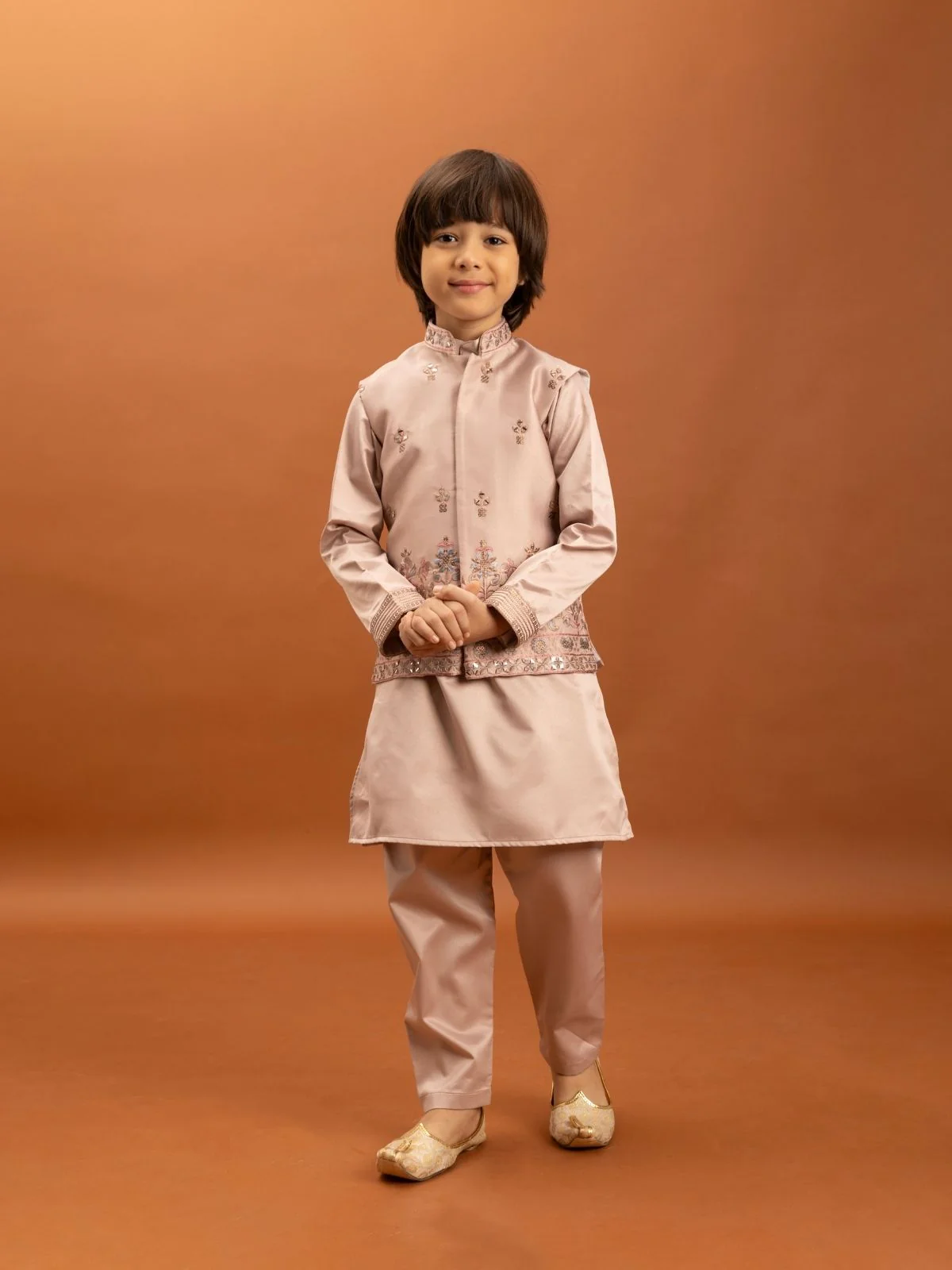 Odette Peach Satin Embellished Stitched Kurta Set For Kids - Image 2