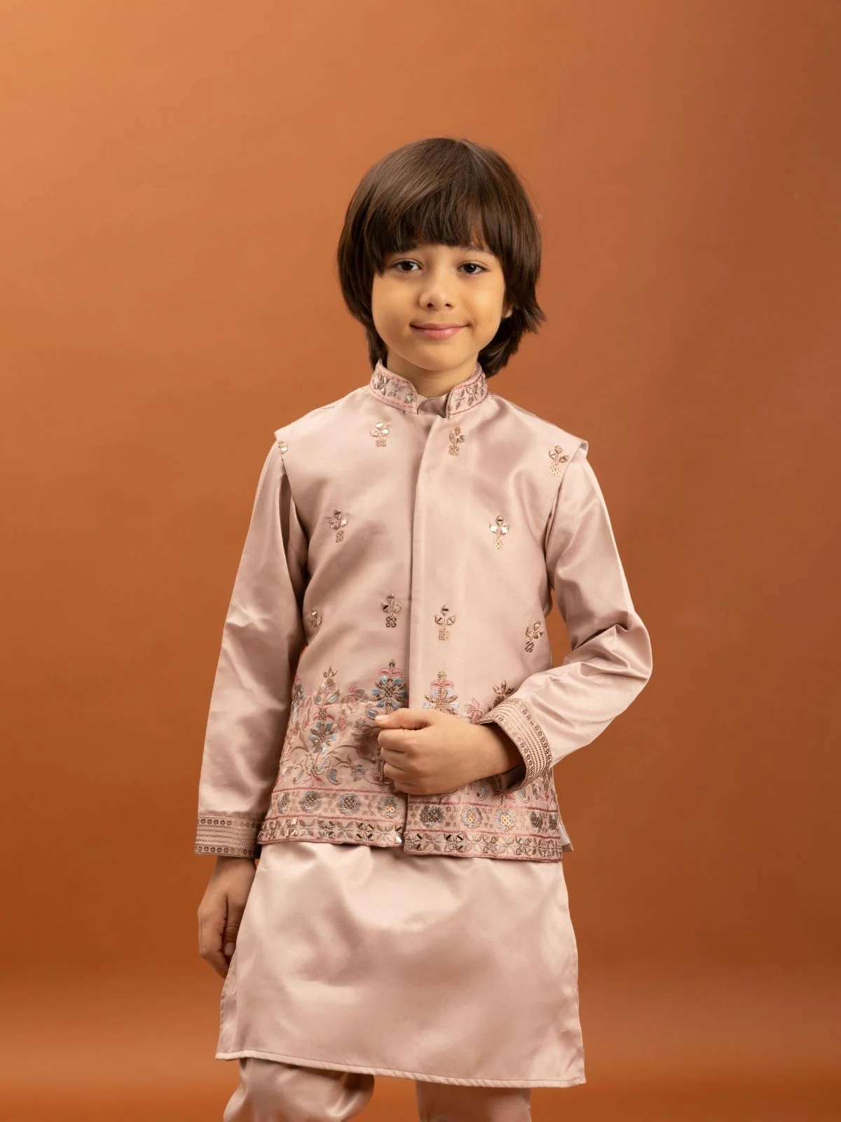 Odette Peach Satin Embellished Stitched Kurta Set For Kids - Image 5