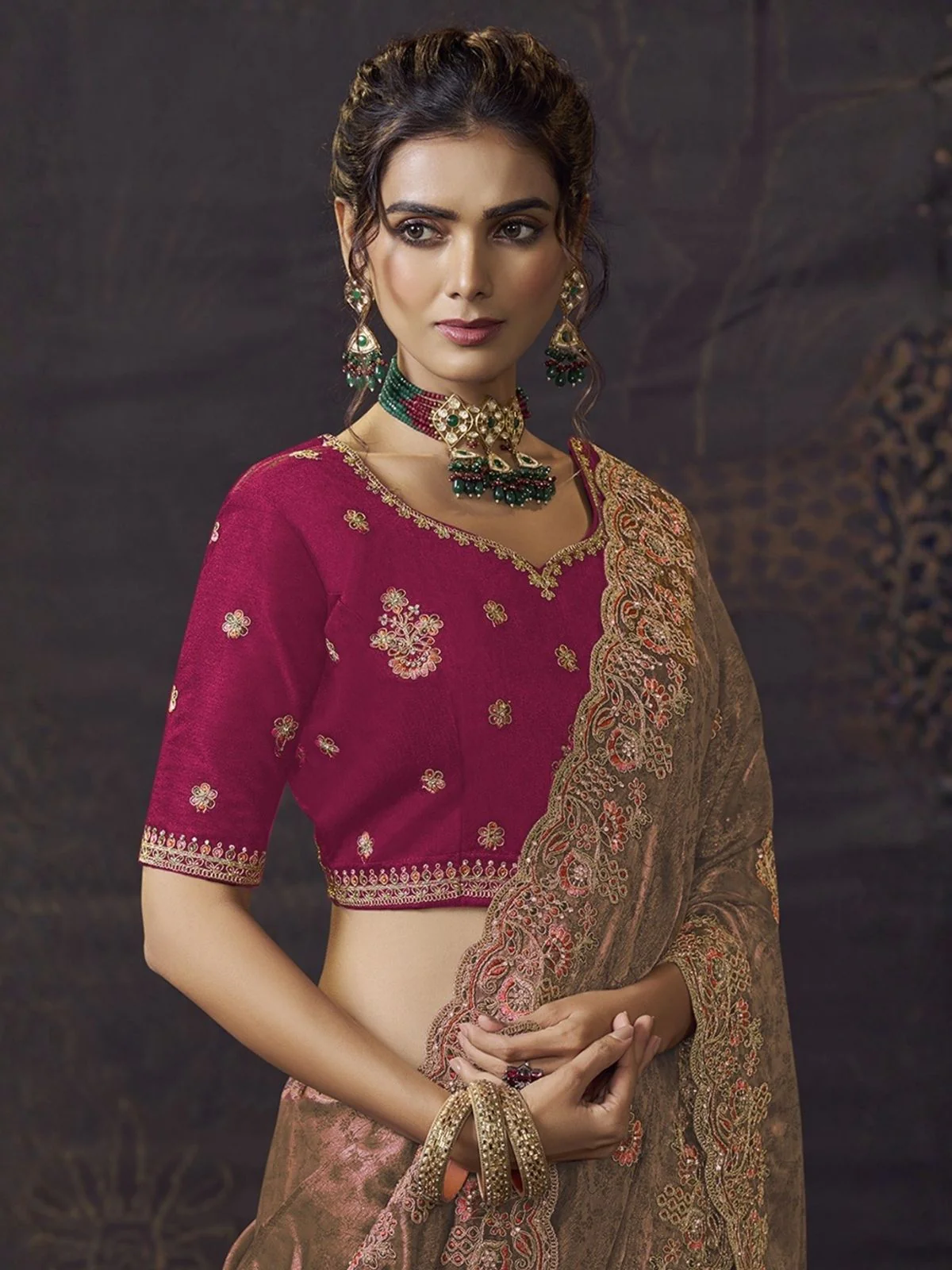 Odette Peach Satin Embroidered Saree For Women - Image 2
