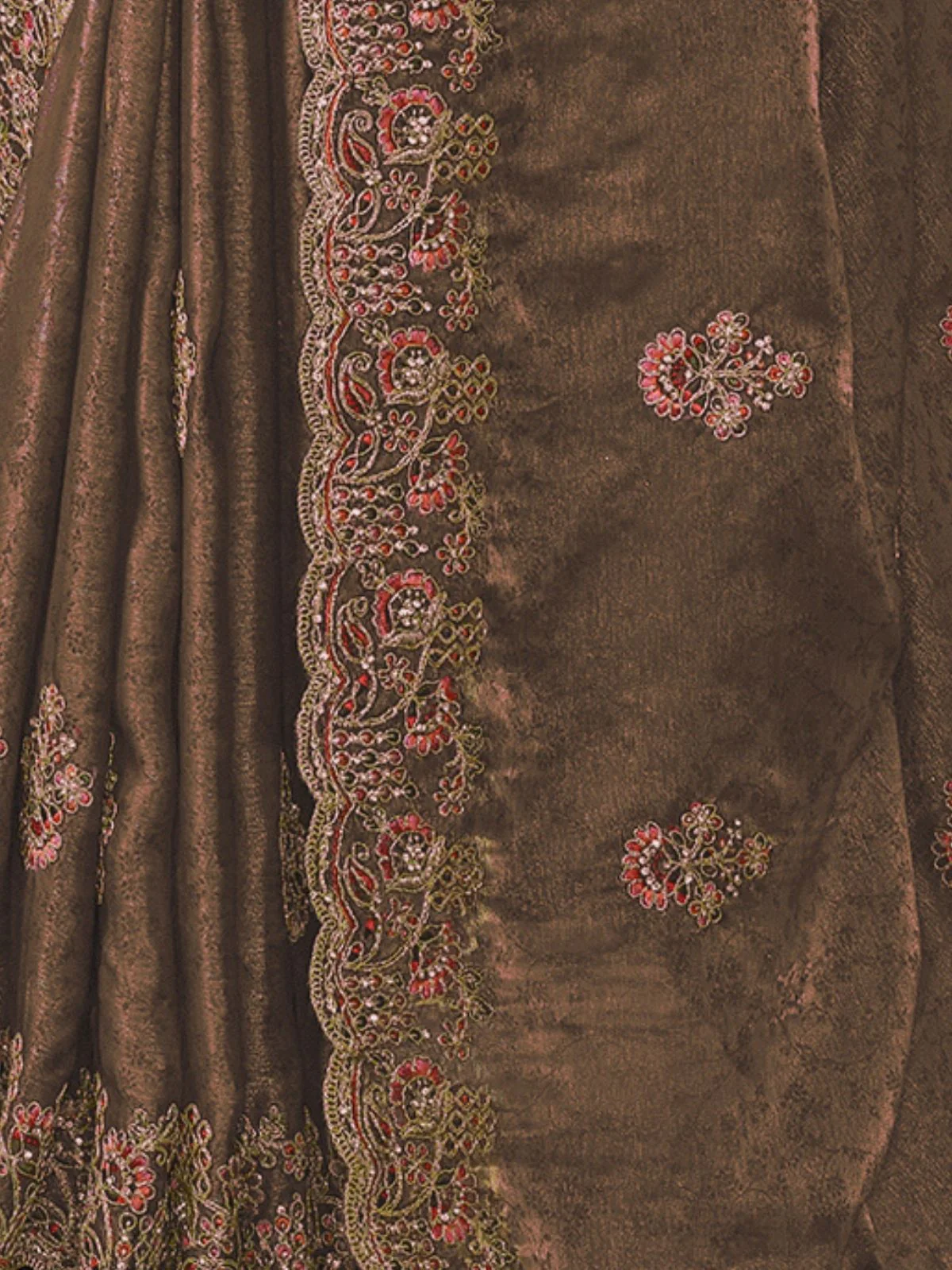 Odette Peach Satin Embroidered Saree For Women - Image 4