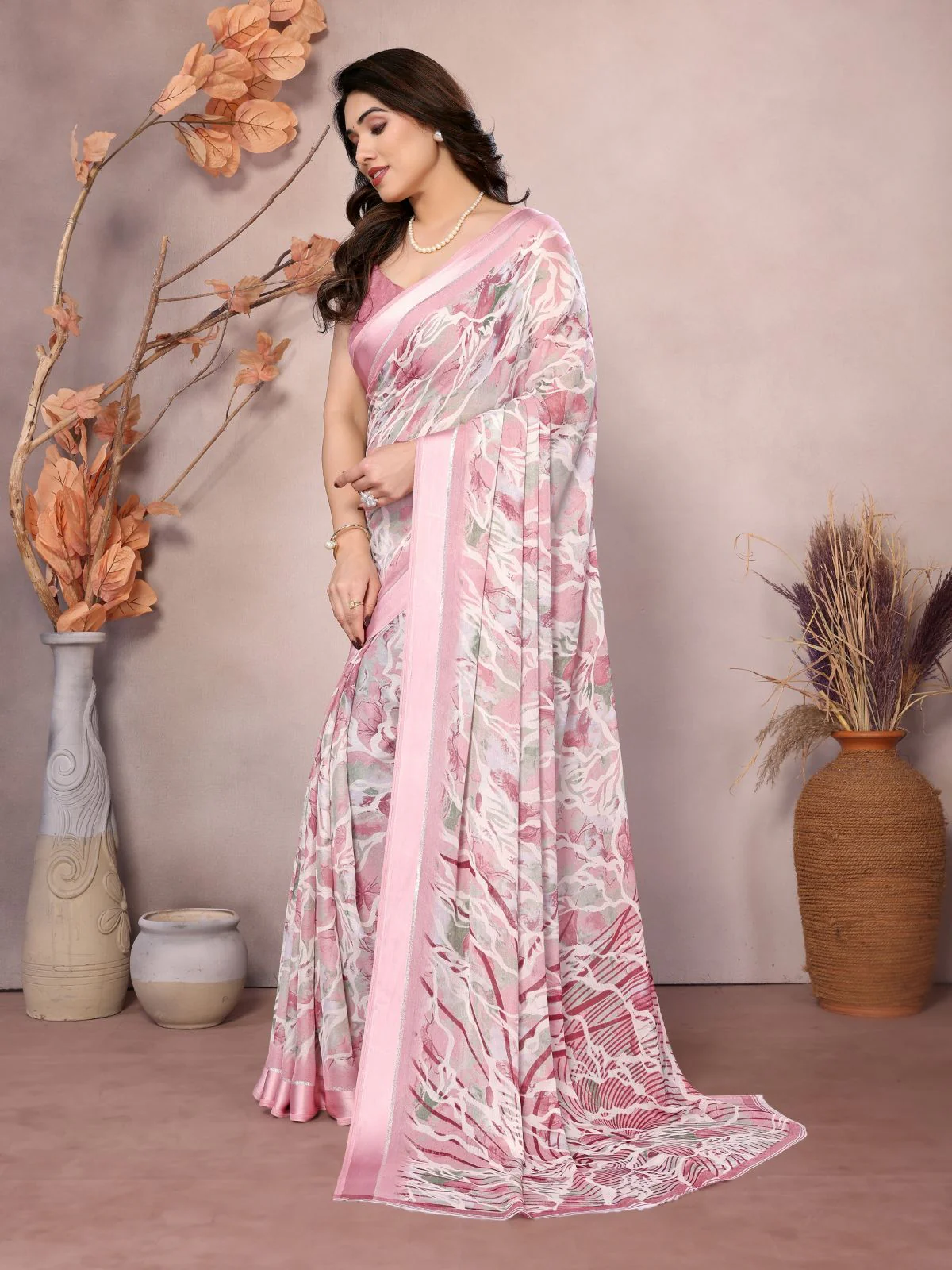 Odette Peach Satin Printed Saree With Unstitched Blouse For Women - Image 2