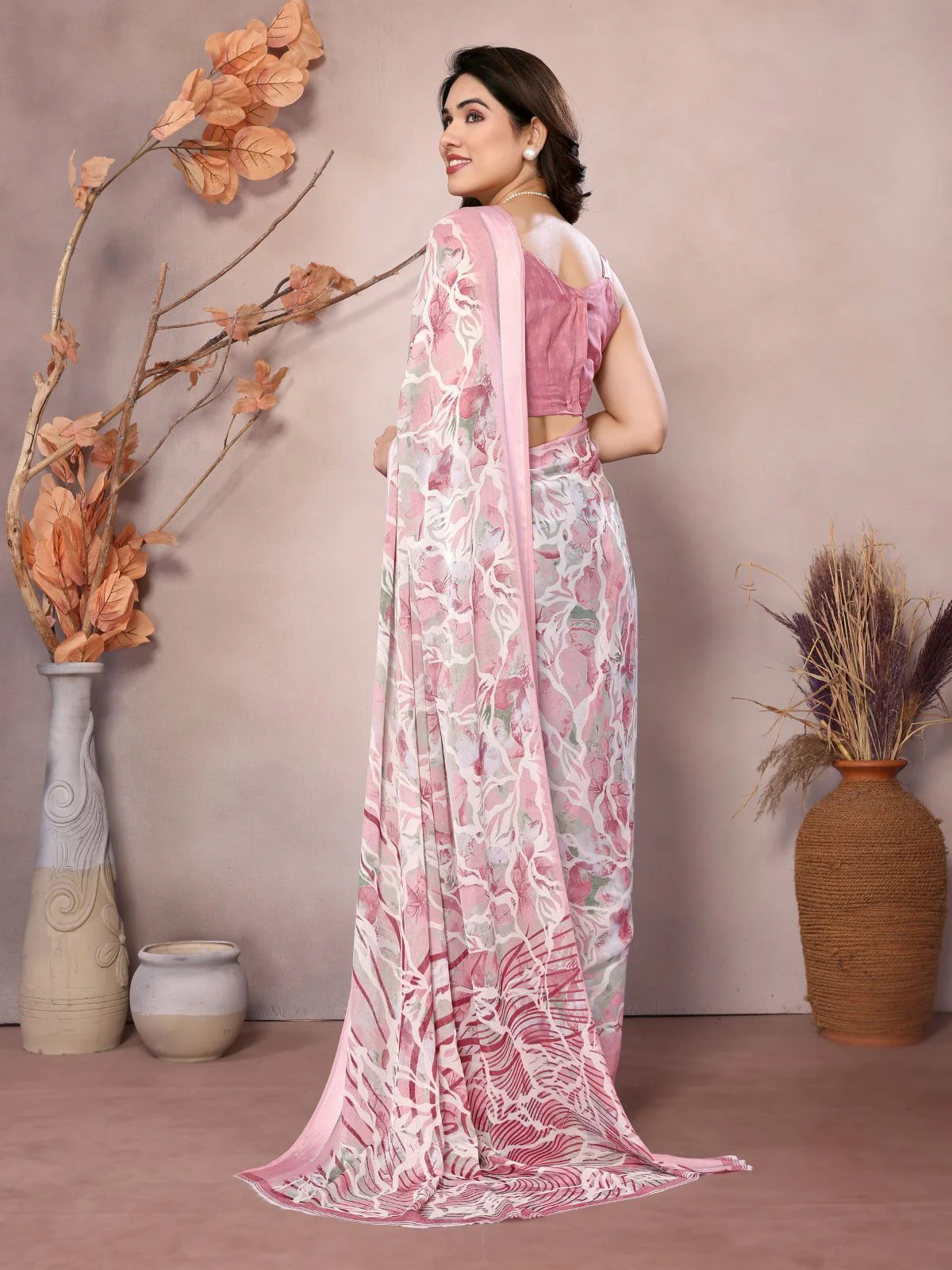 Odette Peach Satin Printed Saree With Unstitched Blouse For Women - Image 4