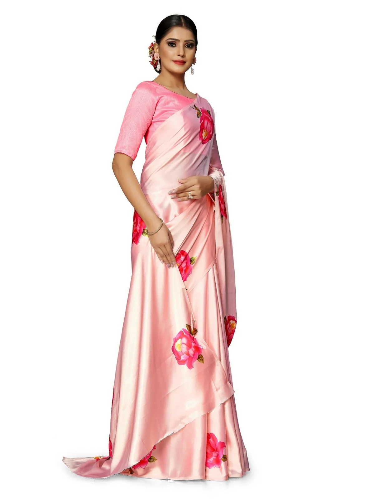 Odette Peach Satin Printed Saree With Unstitched Blouse For Women - Image 2
