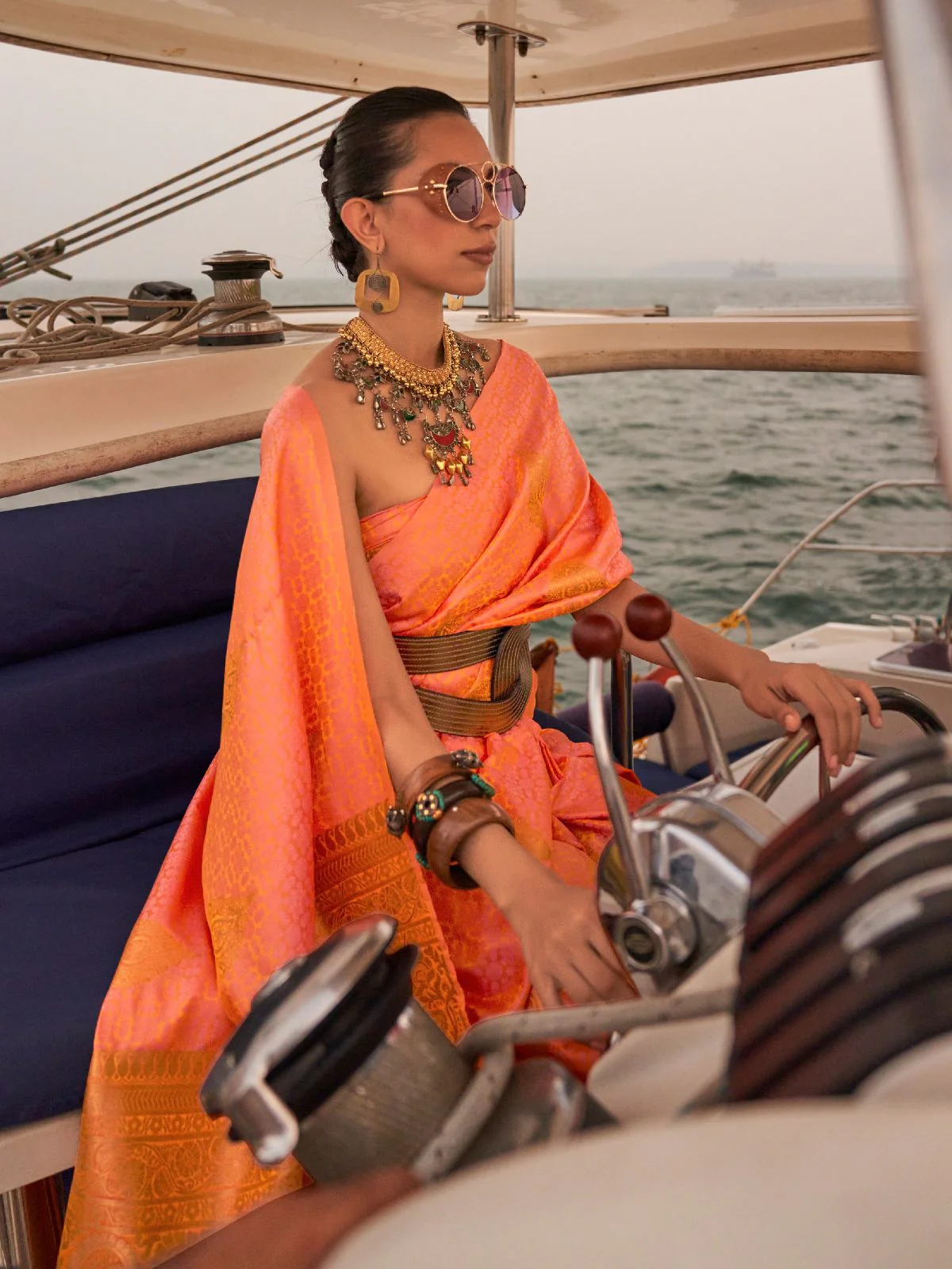 Odette Peach Satin Woven Saree With Unstitched Blouse for Women - Image 2