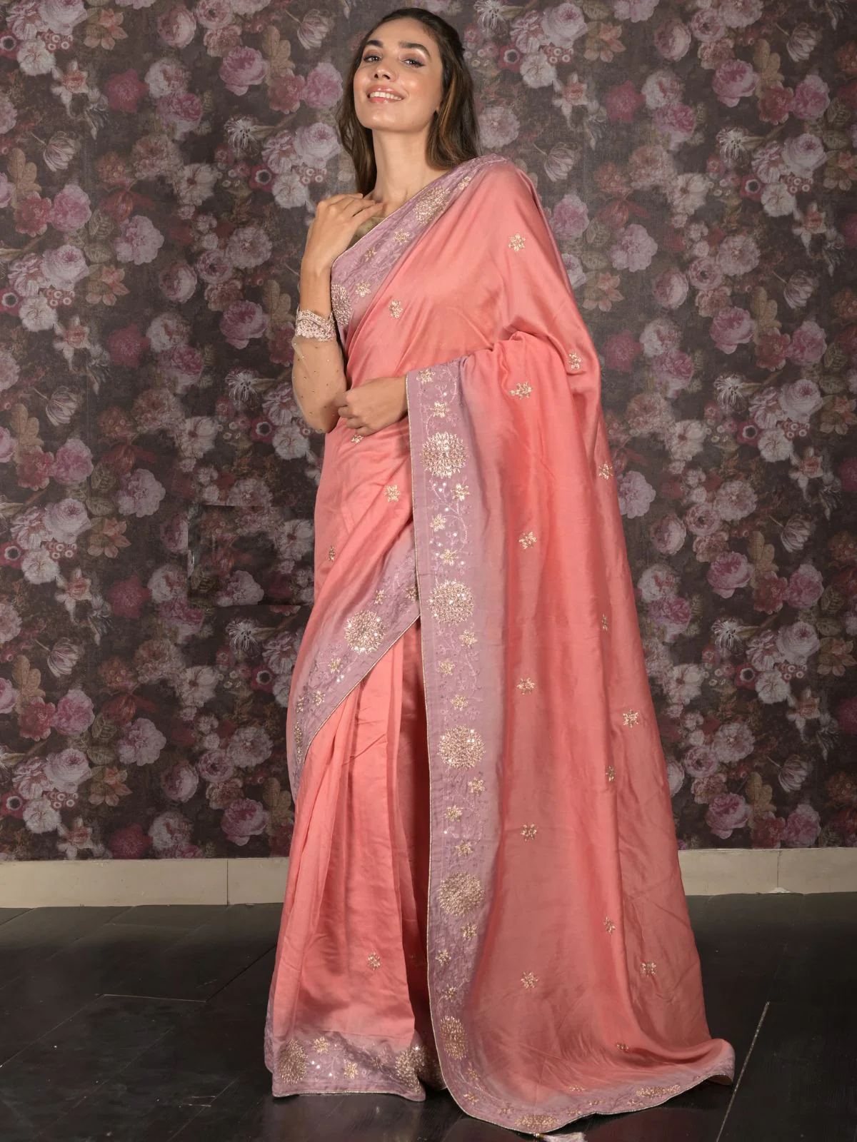 Odette Peach Sequins Embroidered Mercerized Cotton Saree with Unstitched Blouse for Women - Image 2