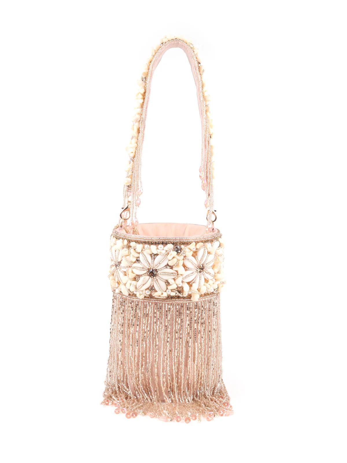 Odette Peach Shell and Beads Embroidered Cylindrical Tassels Clutch for Women - Image 3