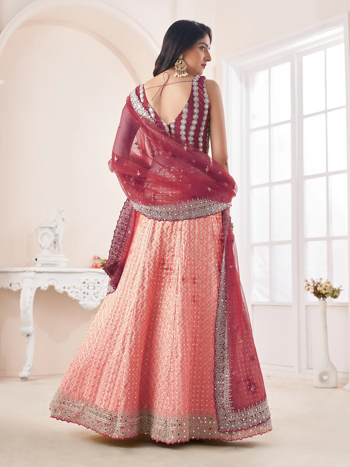 Odette Peach Shibori Crepe Embroidered Semi Stitched Lehenga With Unstitched Blouse for Women - Image 3