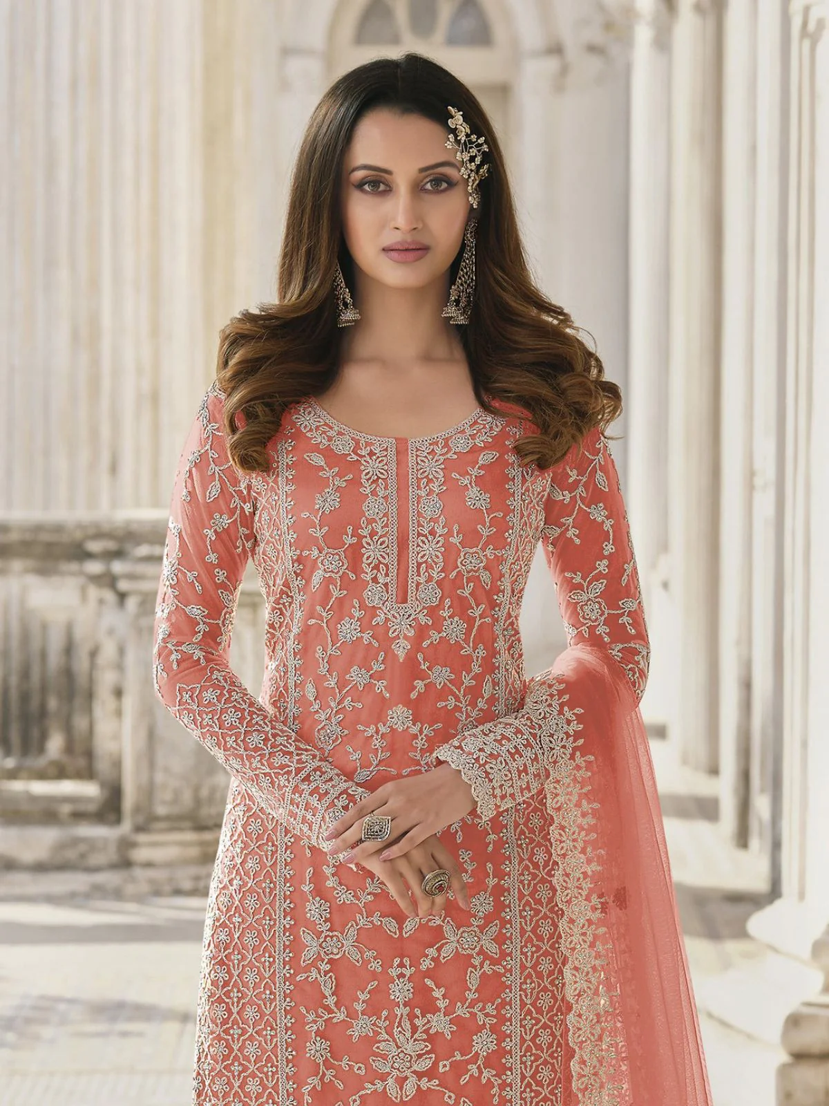 Odette Peach Silk Blend Embroidered Semi Stitched Kurta Set For Women - Image 2