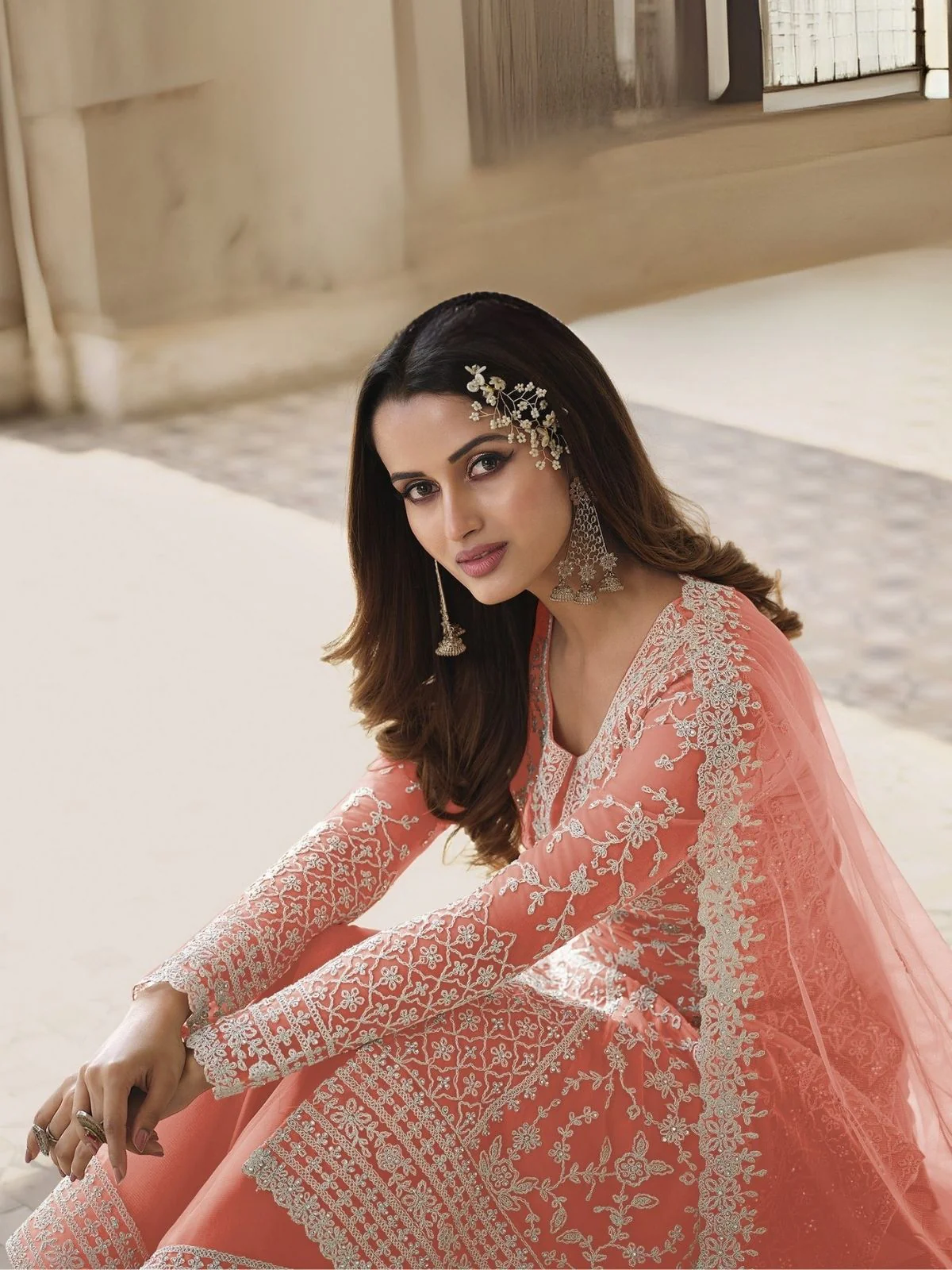 Odette Peach Silk Blend Embroidered Semi Stitched Kurta Set For Women - Image 3