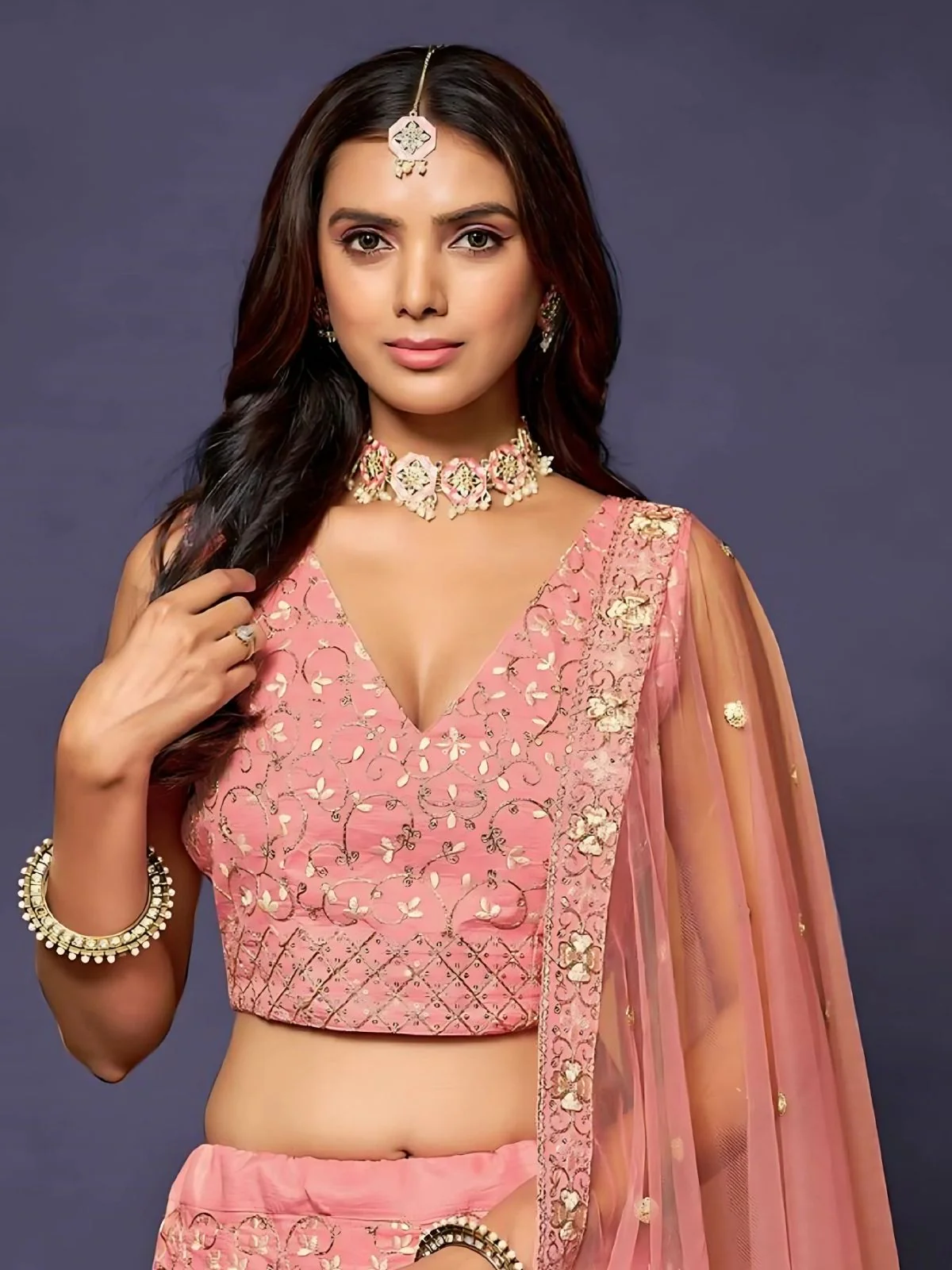 Odette Peach Silk Blend Embroidered Semi-Stitched Lehenga For Women - Image 3