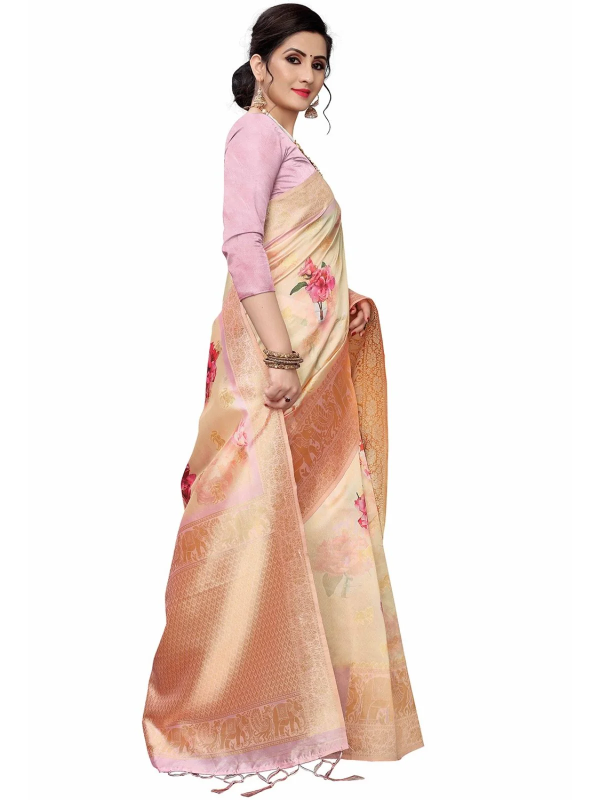 Odette Peach Silk Blend Floral Printed Saree For Women - Image 2