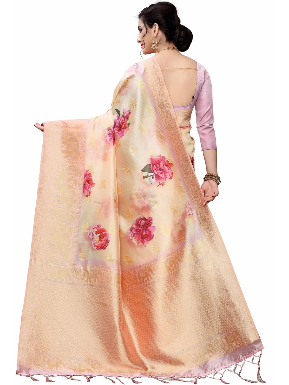 Odette Peach Silk Blend Floral Printed Saree For Women - Image 3