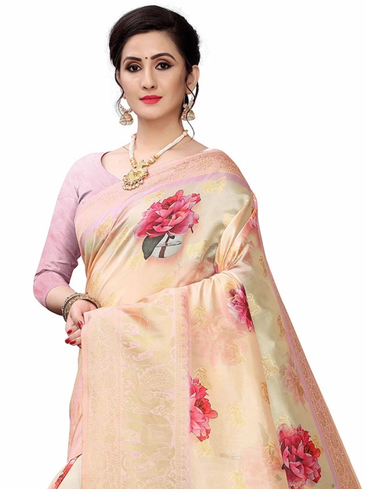Odette Peach Silk Blend Floral Printed Saree For Women - Image 4