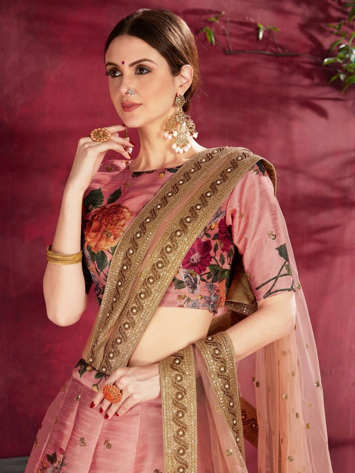 Odette Peach Silk Blend Printed Semi Stitched Lehenga With Blouse For Women - Image 3