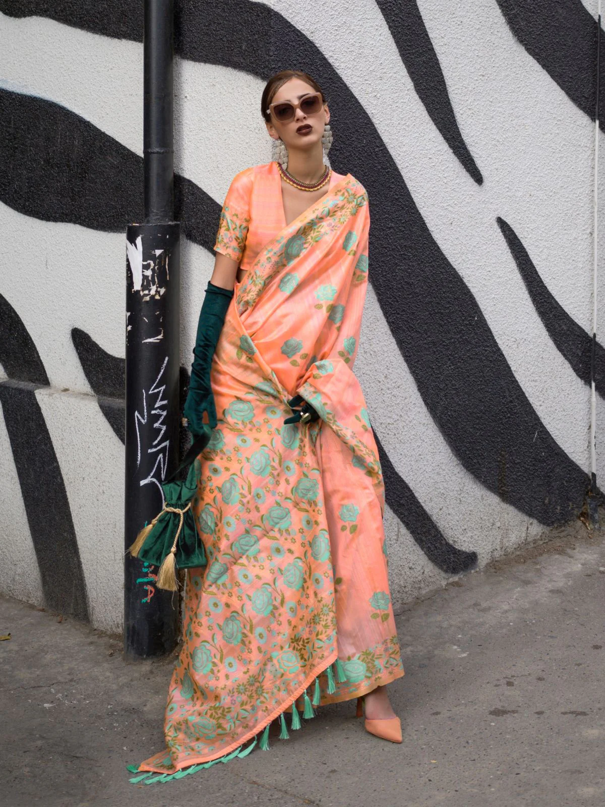 Odette Orange Silk Blend Woven Saree With Unstitched Blouse For Women