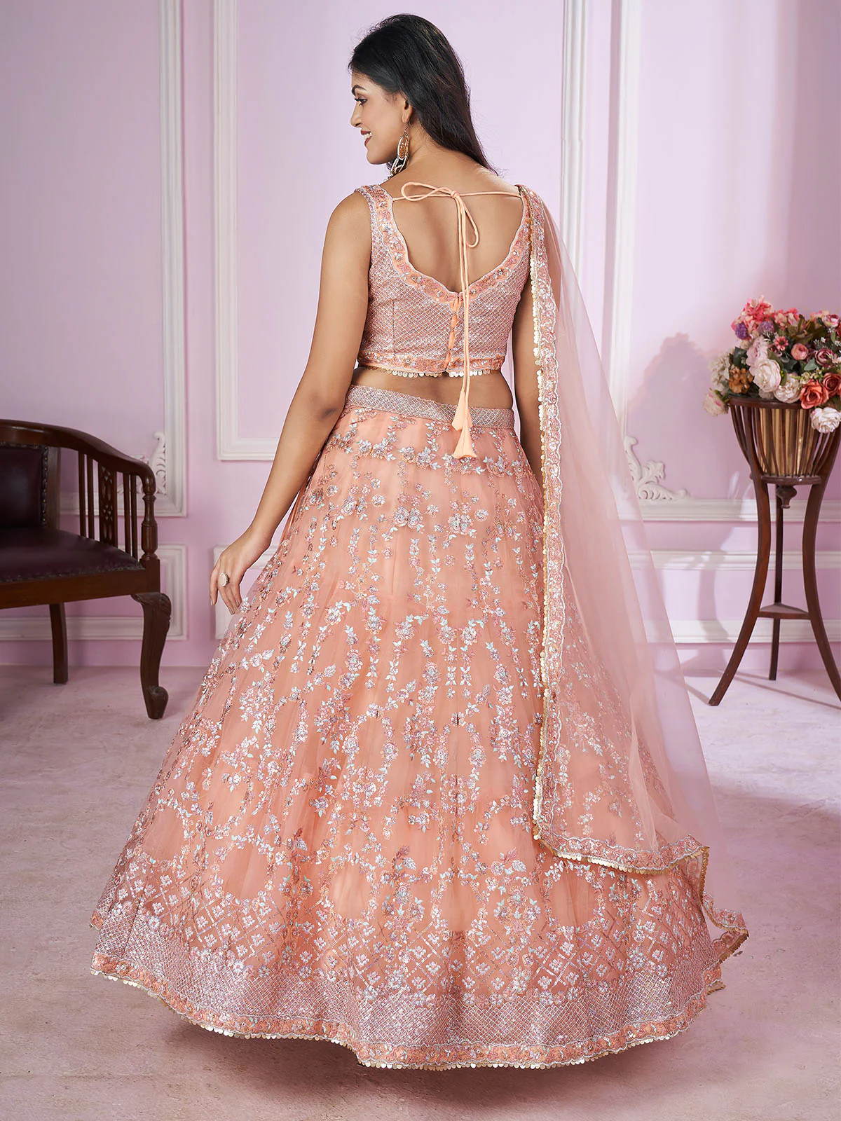 Odette Peach Soft Net Embellished Semi Stitched Lehenga With Unstitched Blouse For Women - Image 3
