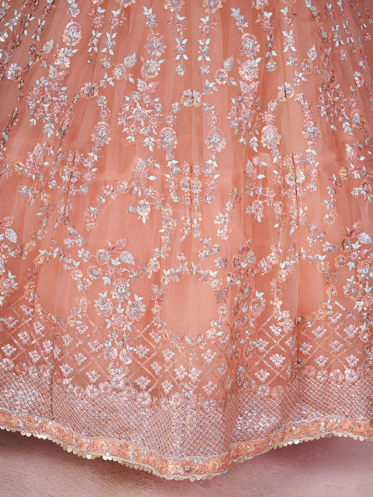 Odette Peach Soft Net Embellished Semi Stitched Lehenga With Unstitched Blouse For Women - Image 6