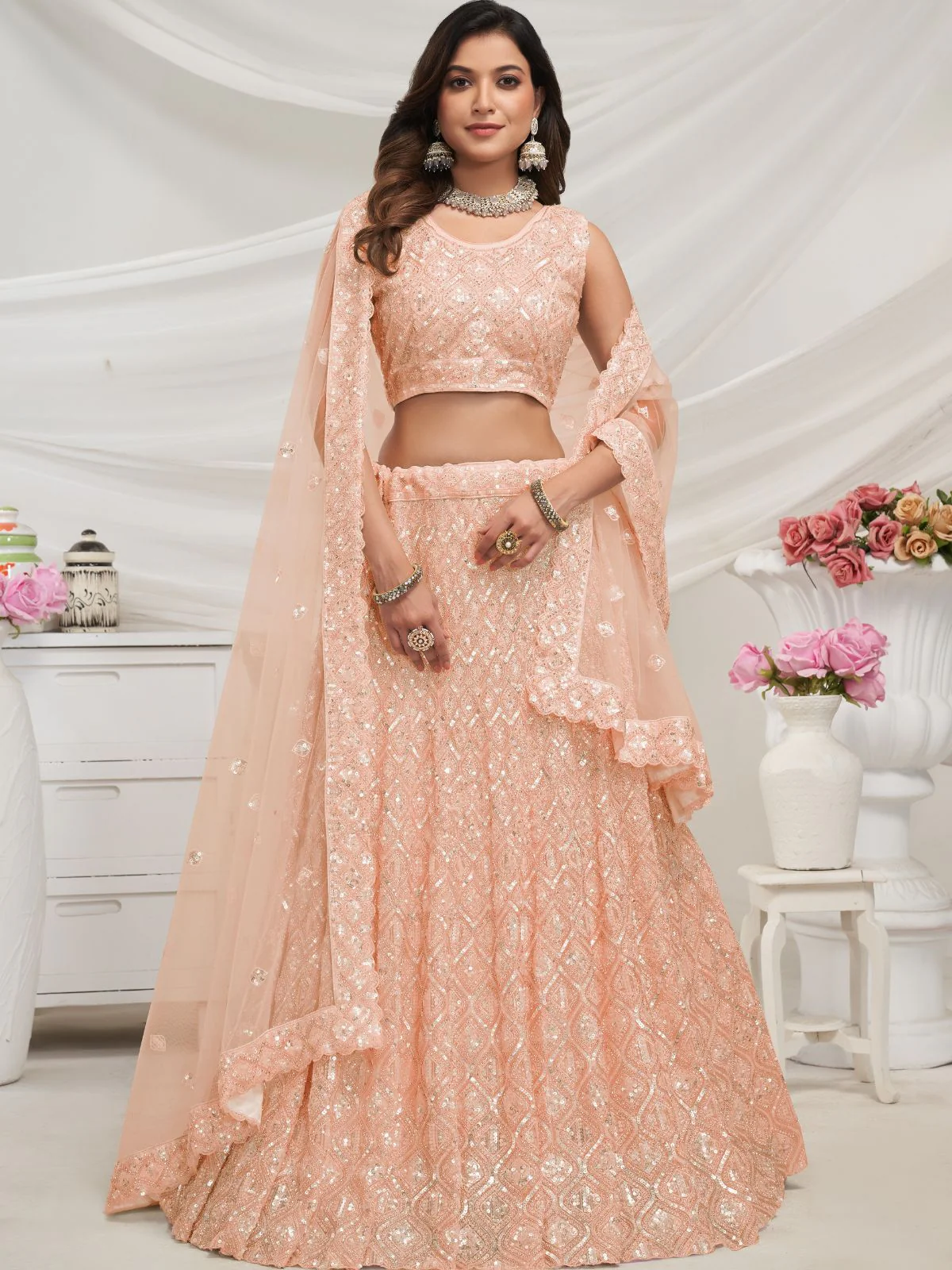 Odette Peach Soft Net Embroidered Semi Stitched Lehenga With Unstitched Blouse For Women - Image 2