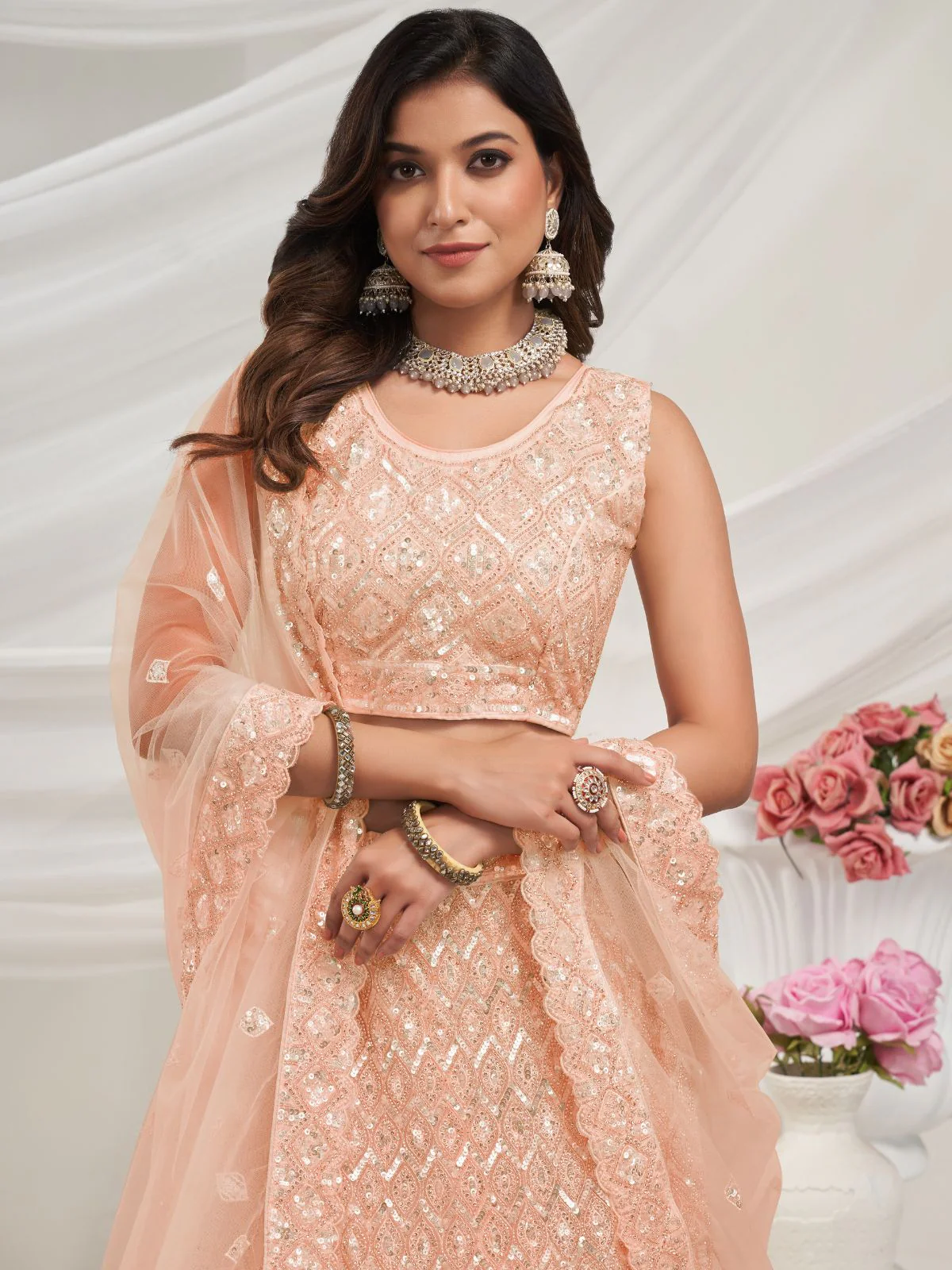 Odette Peach Soft Net Embroidered Semi Stitched Lehenga With Unstitched Blouse For Women - Image 4