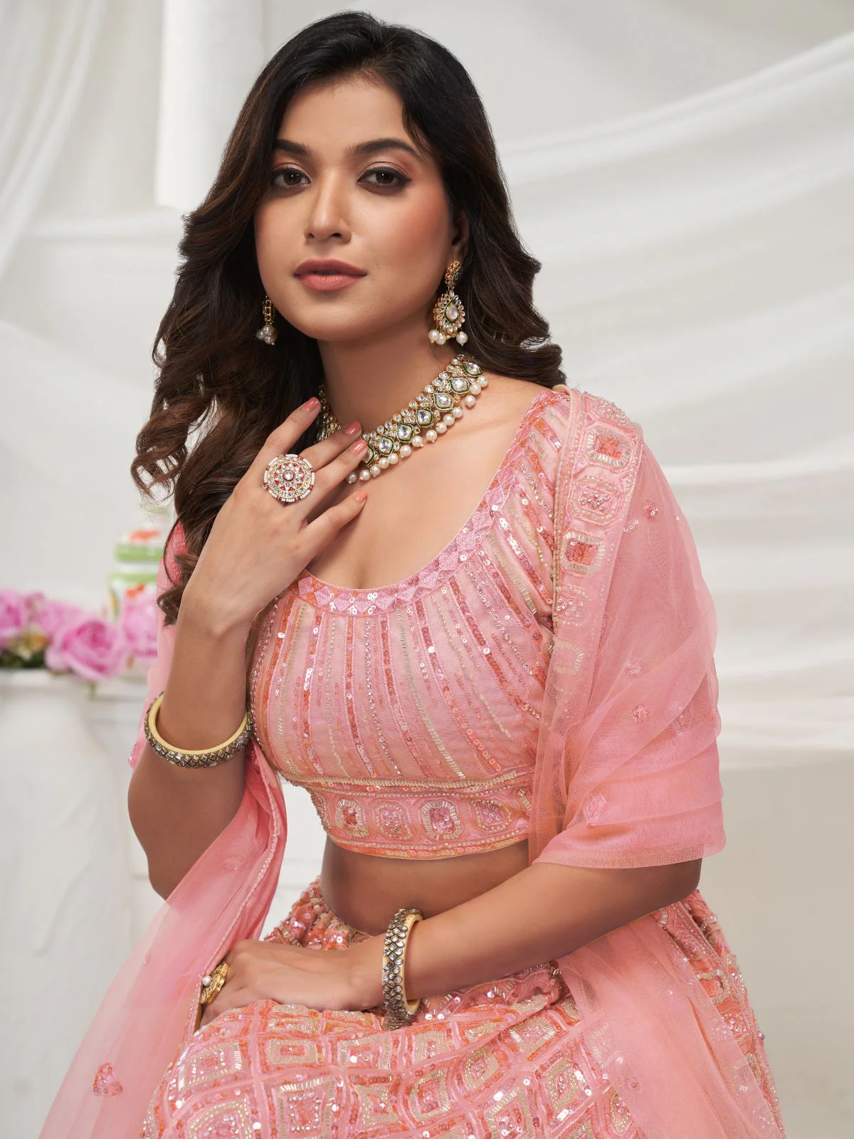 Odette Peach Soft Net Embroidered Semi Stitched Lehenga With Unstitched Blouse For Women - Image 4