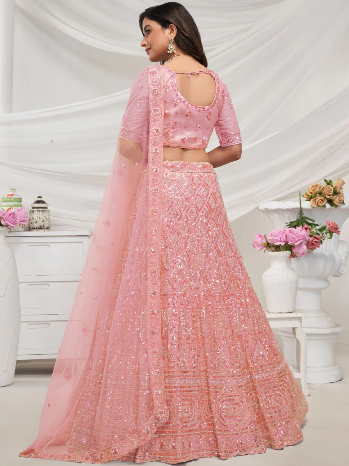 Odette Peach Soft Net Embroidered Semi Stitched Lehenga With Unstitched Blouse For Women - Image 5