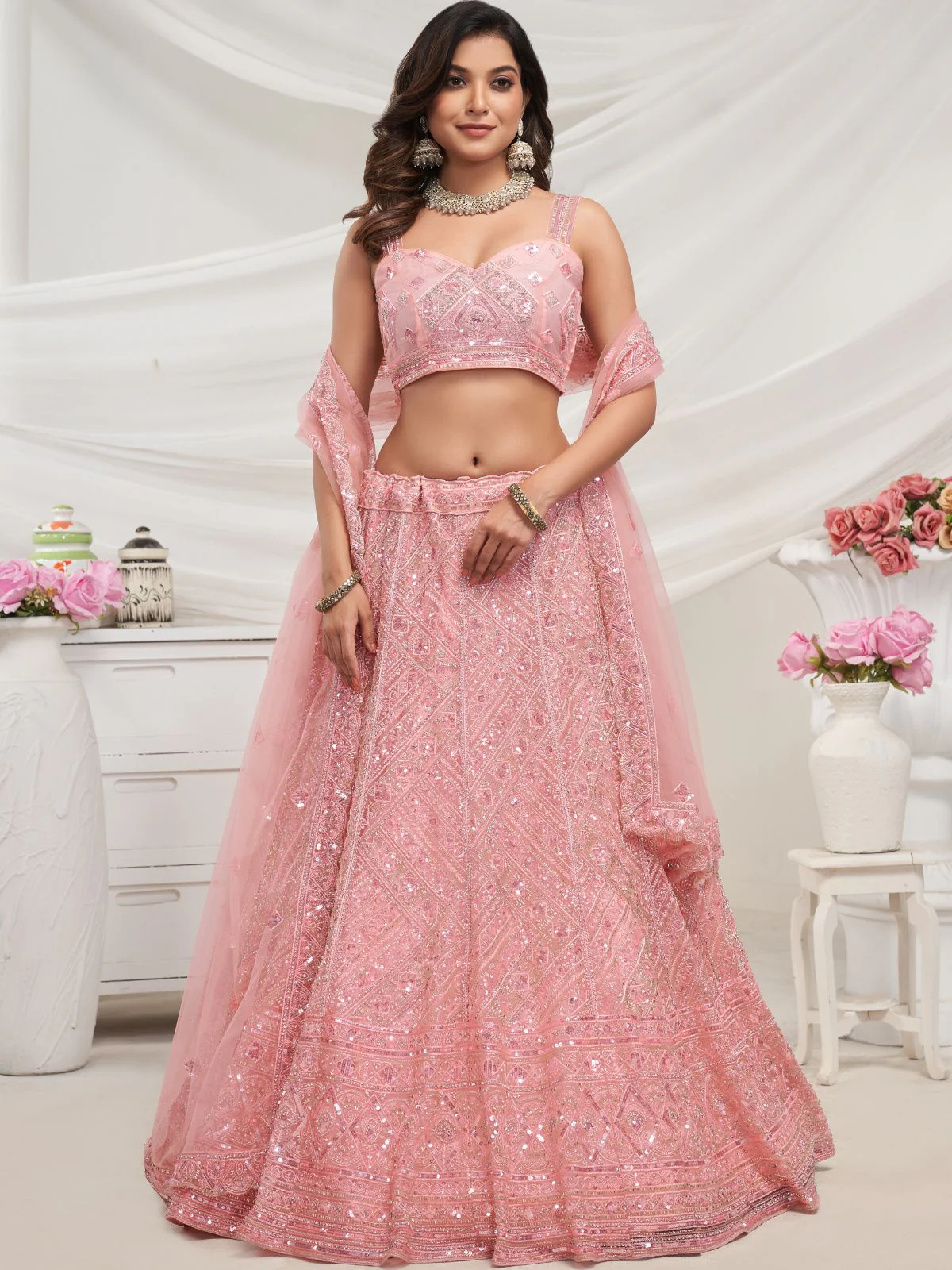 Odette Peach Soft Net Embroidered Semi Stitched Lehenga With Unstitched Blouse For Women - Image 2