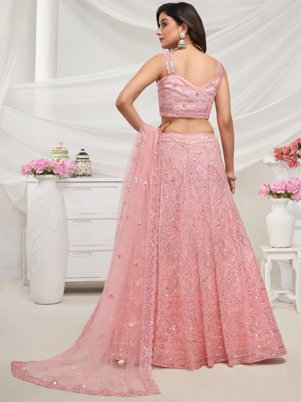 Odette Peach Soft Net Embroidered Semi Stitched Lehenga With Unstitched Blouse For Women - Image 5