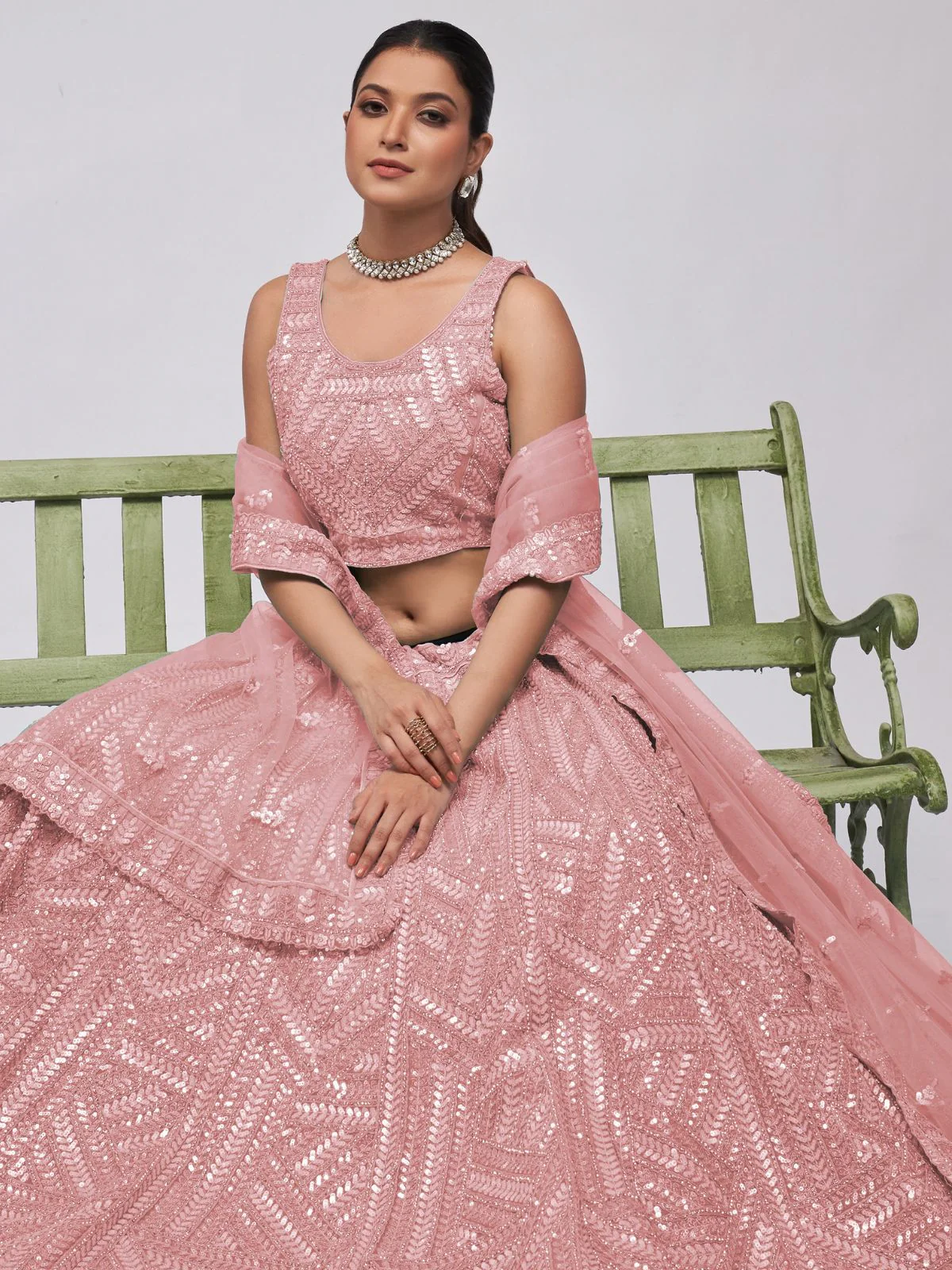 Odette Peach Soft Net Embroidered Semi Stitched Lehenga With Unstitched Blouse For Women - Image 4