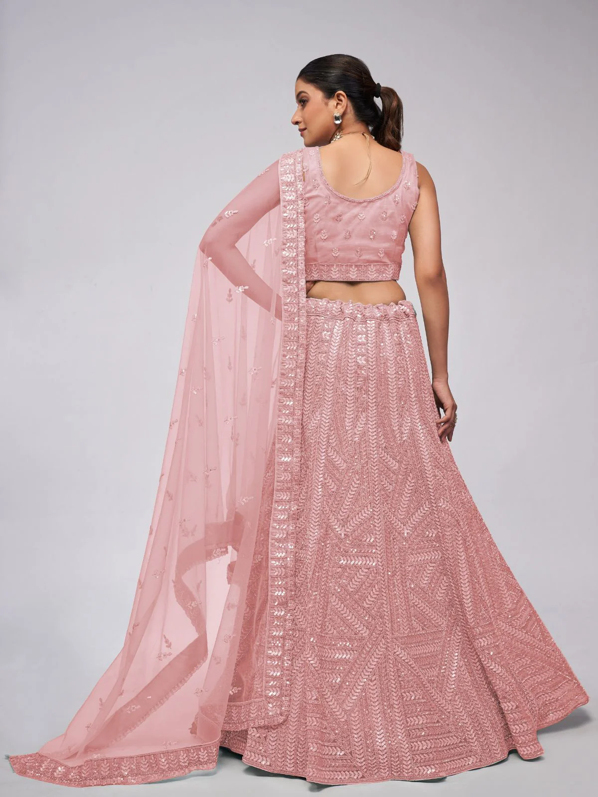 Odette Peach Soft Net Embroidered Semi Stitched Lehenga With Unstitched Blouse For Women - Image 5