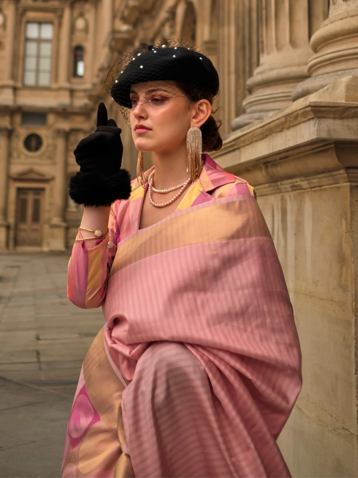 Odette Peach Soft Silk Woven Saree With Unstitched Blouse For Women - Image 2
