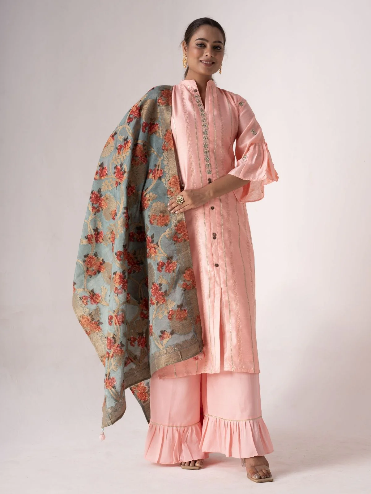 Odette Peach Tusser Silk Lace work Semi-Stitched Kurta Set For Women - Image 2