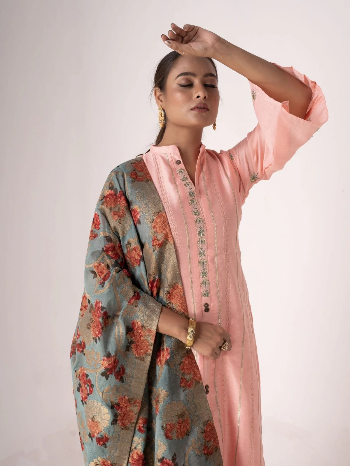 Odette Peach Tusser Silk Lace work Semi-Stitched Kurta Set For Women - Image 3