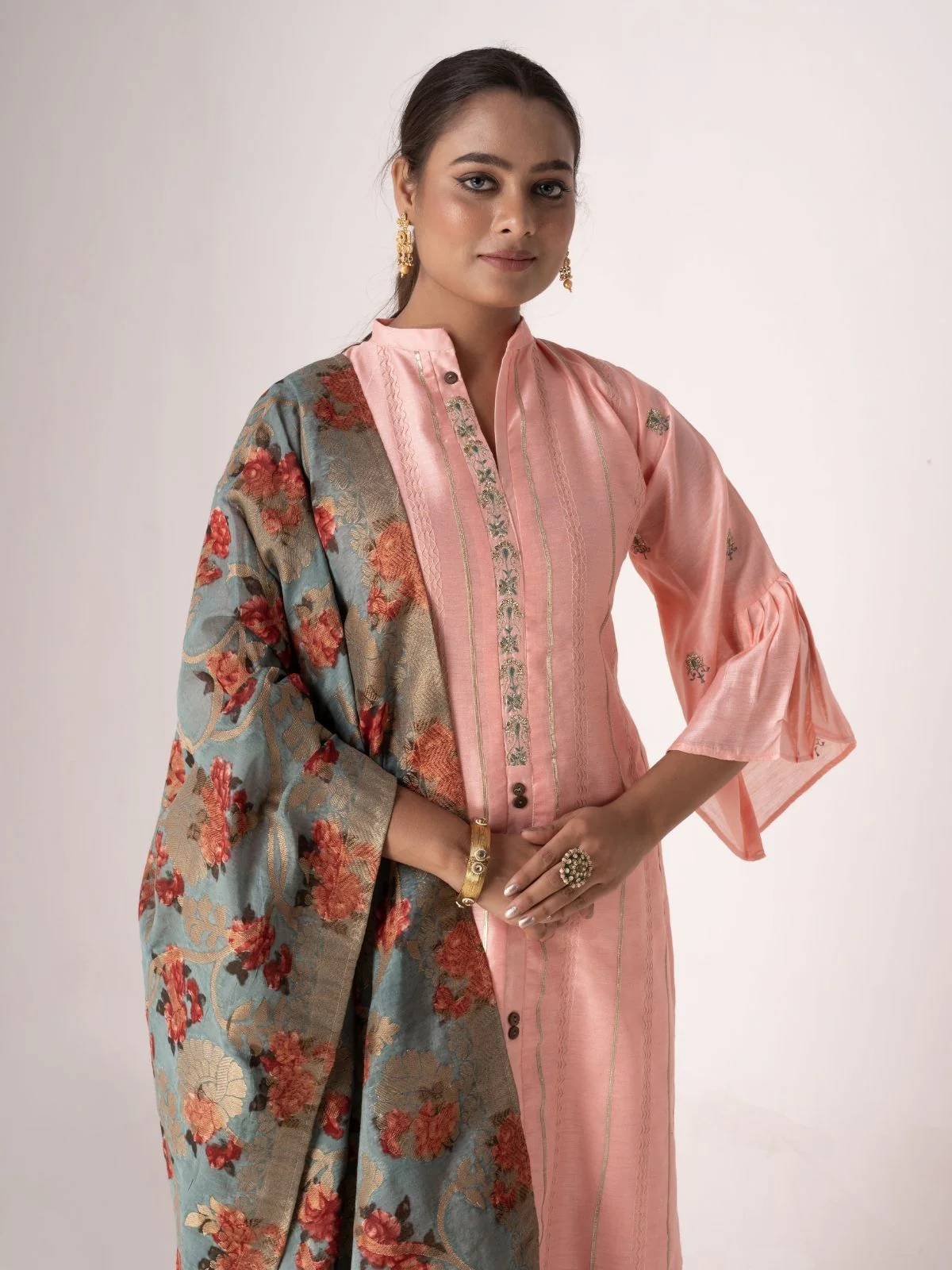 Odette Peach Tusser Silk Lace work Semi-Stitched Kurta Set For Women - Image 4