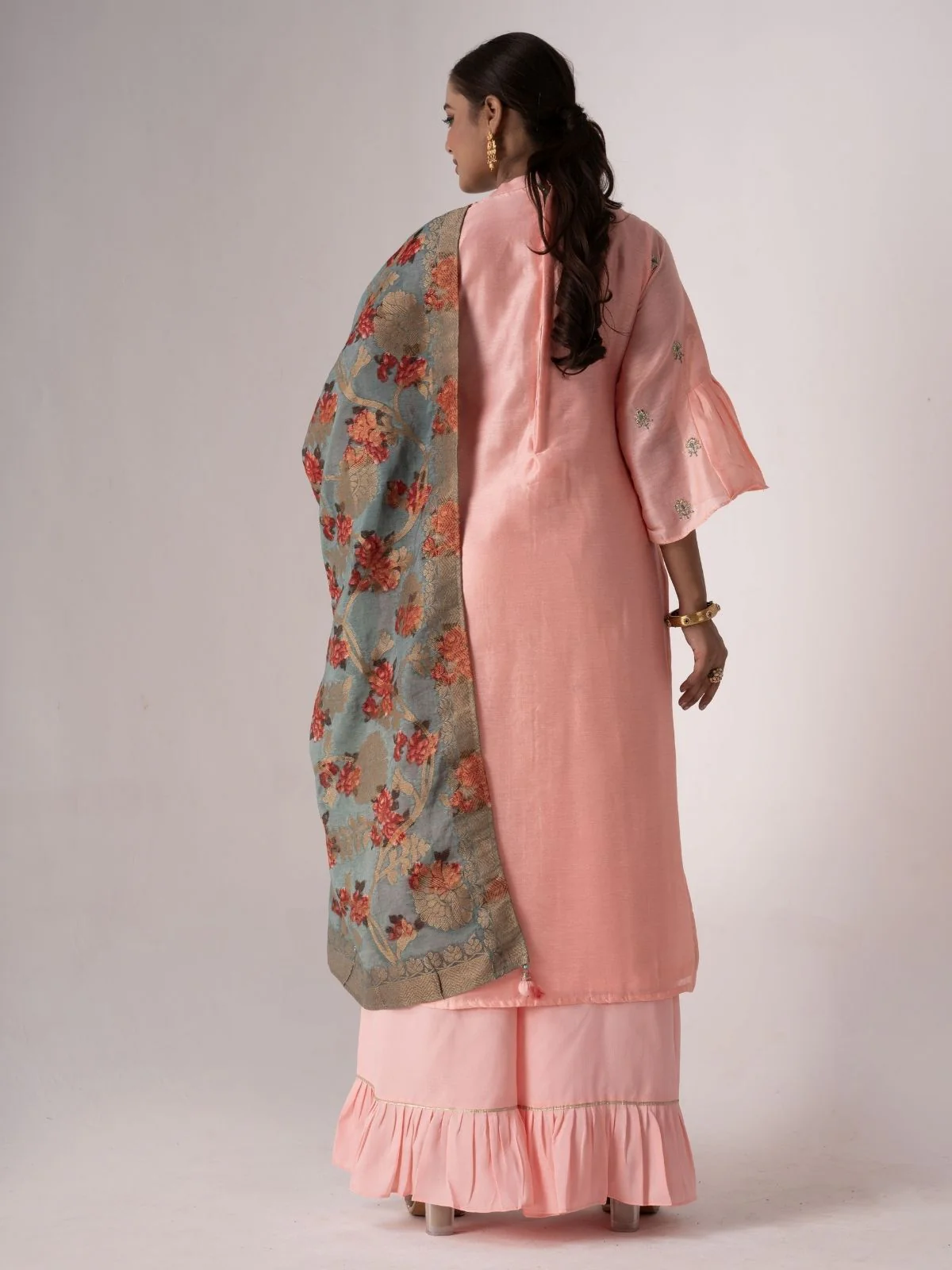 Odette Peach Tusser Silk Lace work Semi-Stitched Kurta Set For Women - Image 5