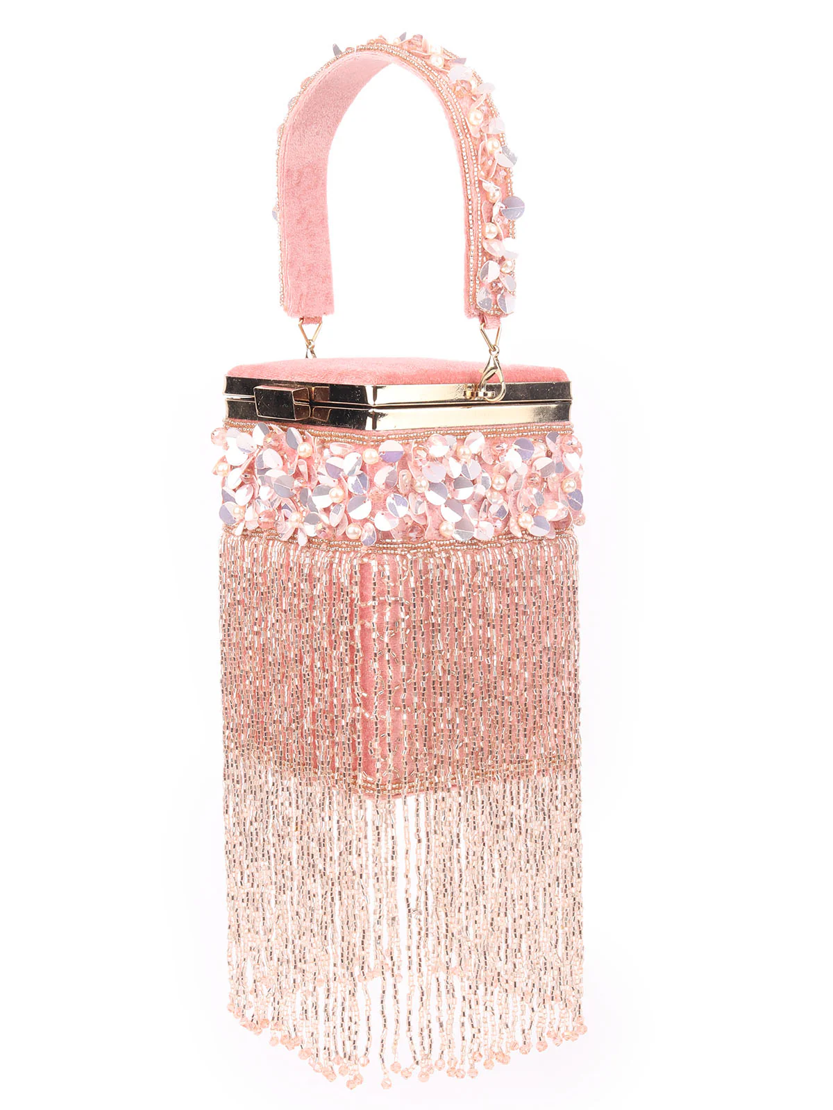 Odette Peach Velvet Beads Embellished Tasseled Clutch For Women - Image 4