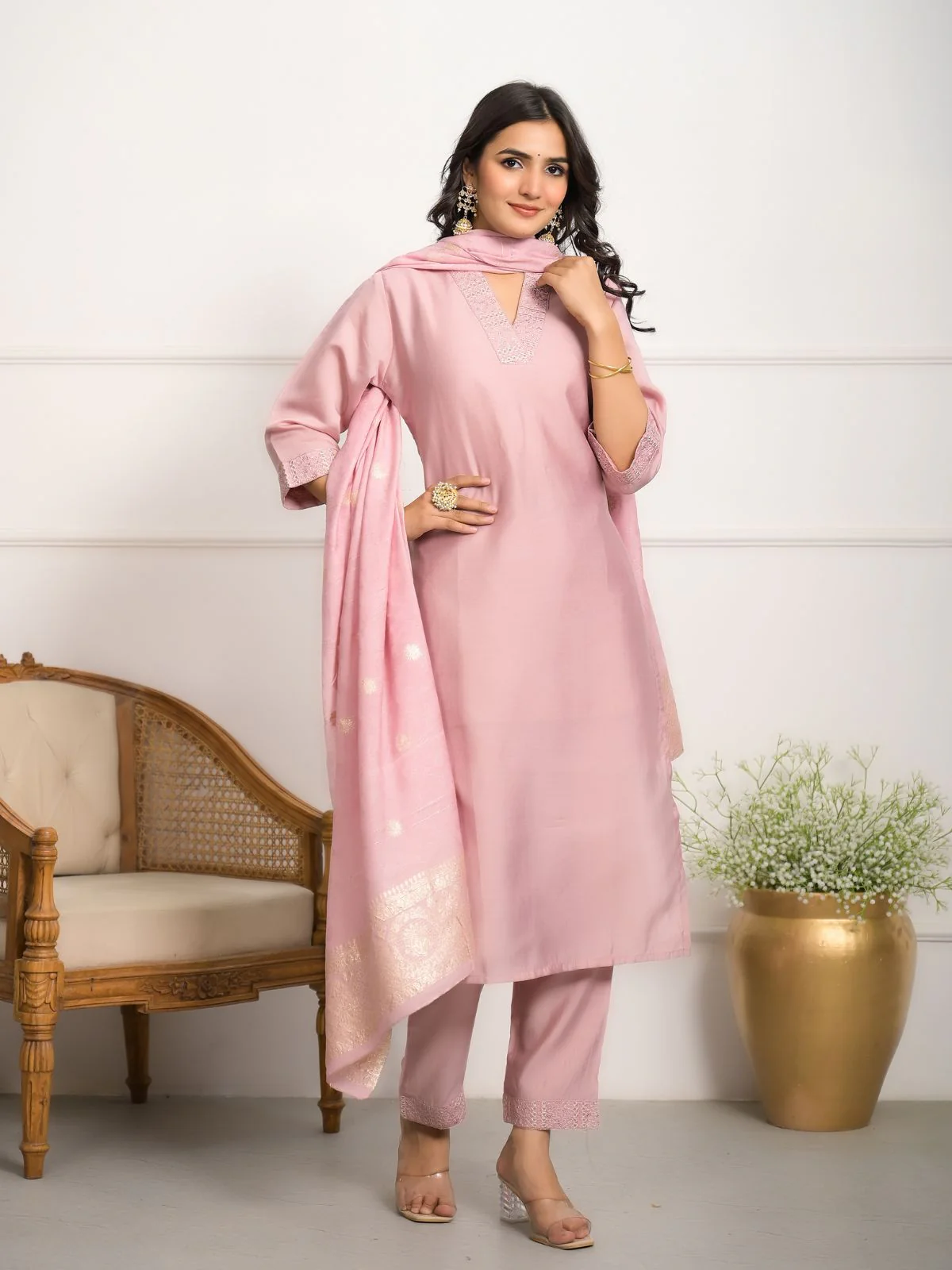 Odette Peach Viscose Chanderi Embroidered Stitched Kurta Set For Women - Image 2