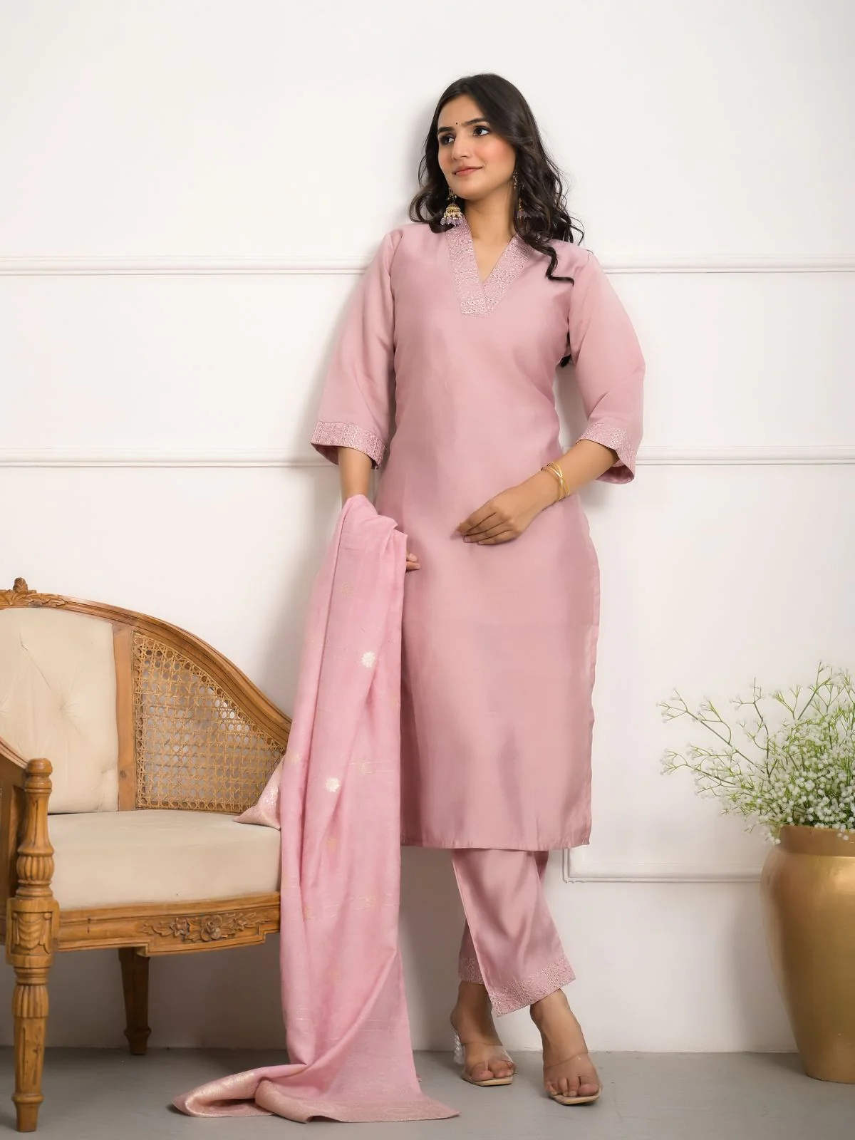 Odette Peach Viscose Chanderi Embroidered Stitched Kurta Set For Women - Image 3