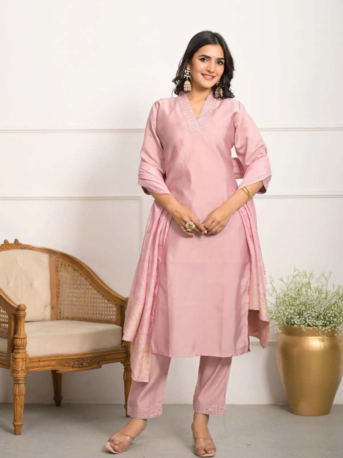 Odette Peach Viscose Chanderi Embroidered Stitched Kurta Set For Women - Image 4