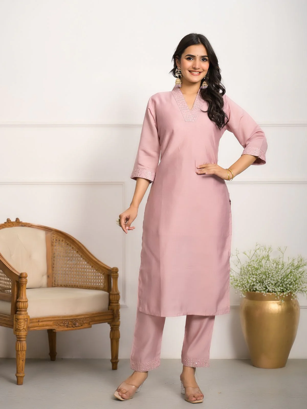 Odette Peach Viscose Chanderi Embroidered Stitched Kurta Set For Women - Image 5