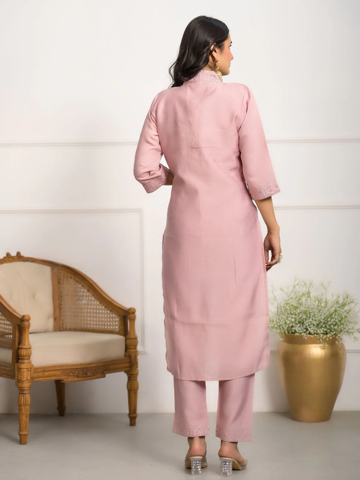 Odette Peach Viscose Chanderi Embroidered Stitched Kurta Set For Women - Image 7