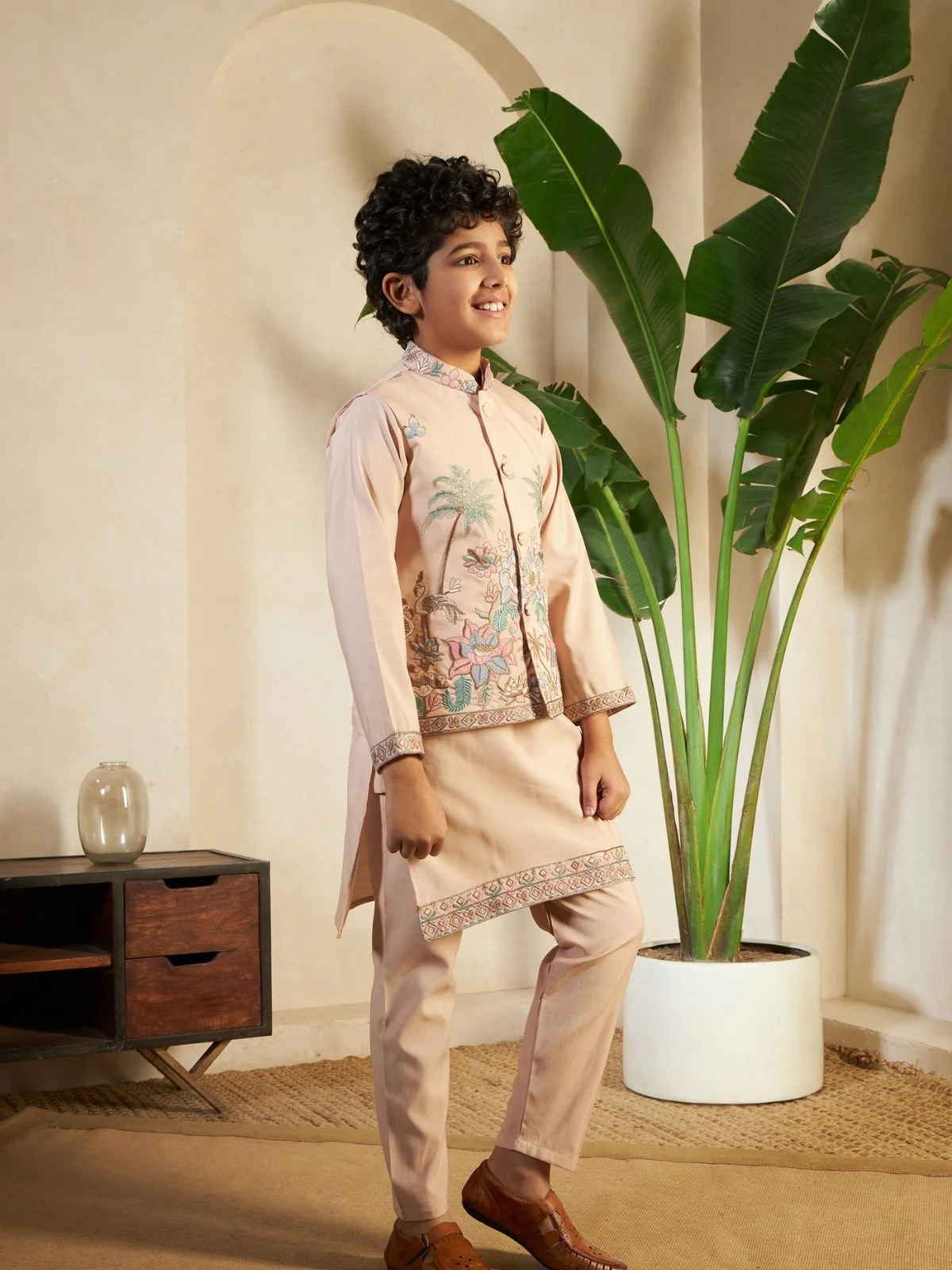 Odette Peach Viscose Silk Embellished Stitched Kurta Set For Kids - Image 2