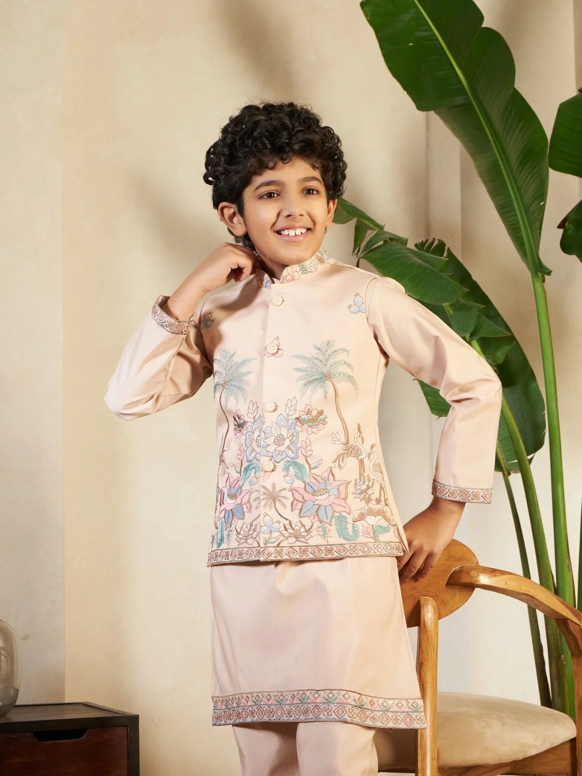 Odette Peach Viscose Silk Embellished Stitched Kurta Set For Kids - Image 5