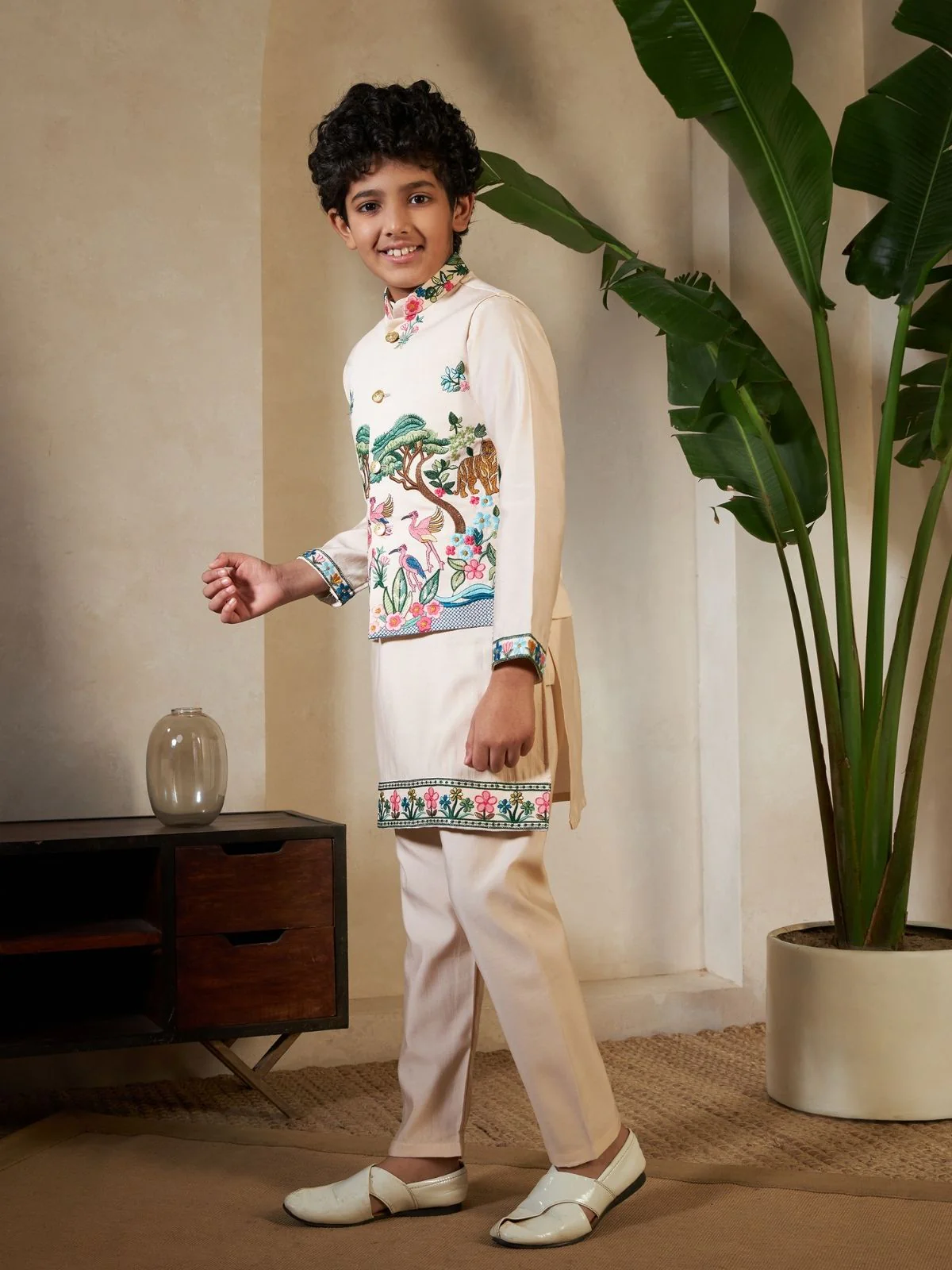 Odette Peach Viscose Silk Embellished Stitched Kurta Set For Kids - Image 3